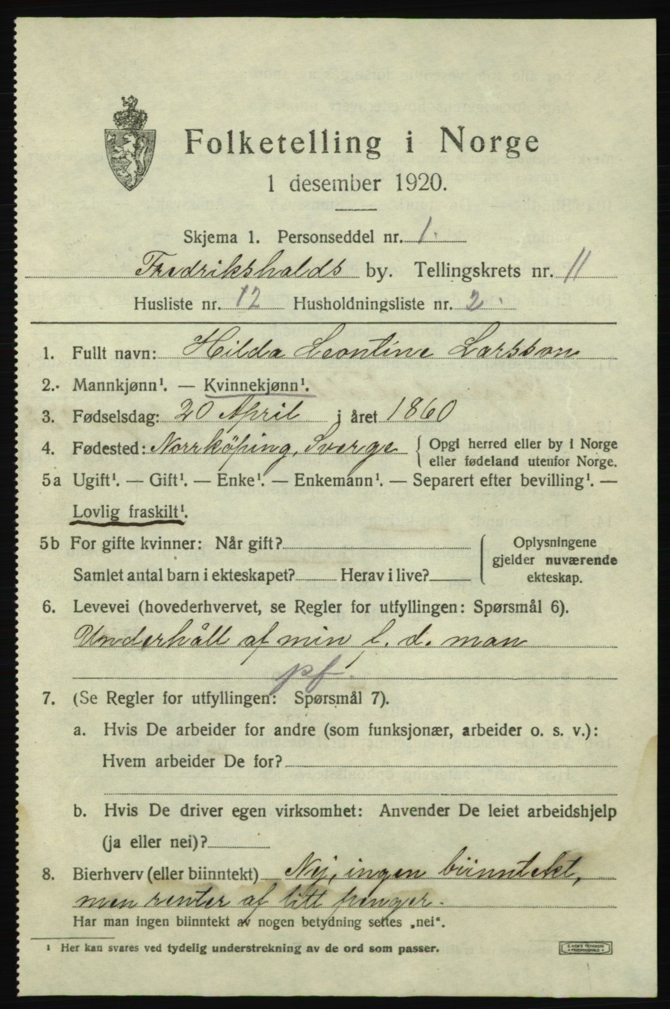 SAO, 1920 census for Fredrikshald, 1920, p. 19059