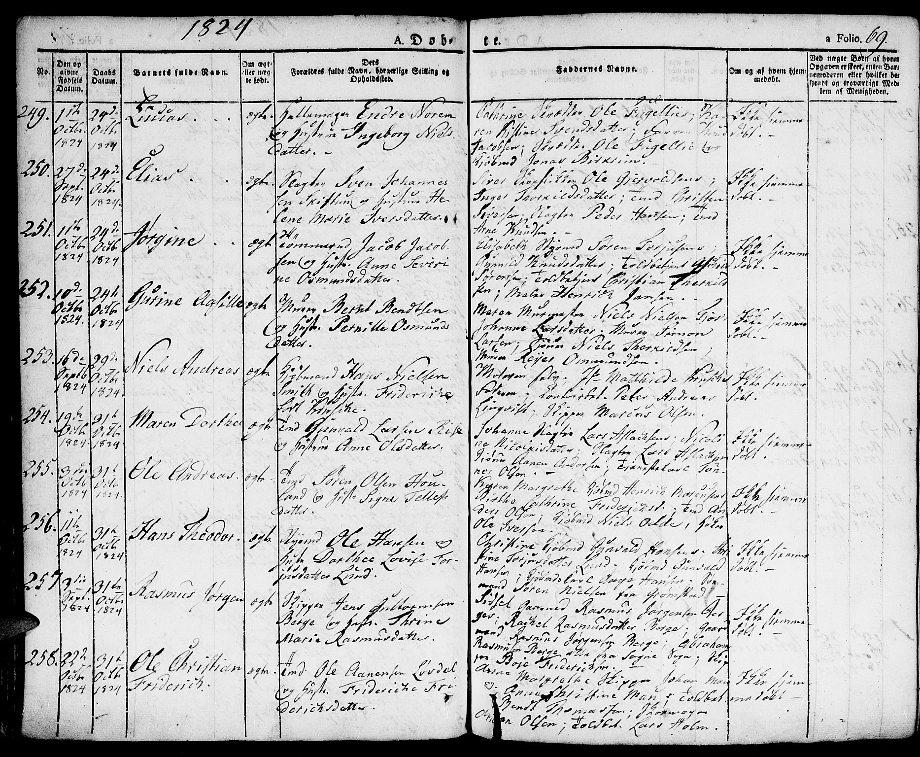 Kristiansand domprosti, SAK/1112-0006/F/Fa/L0009: Parish register (official) no. A 9, 1821-1827, p. 69