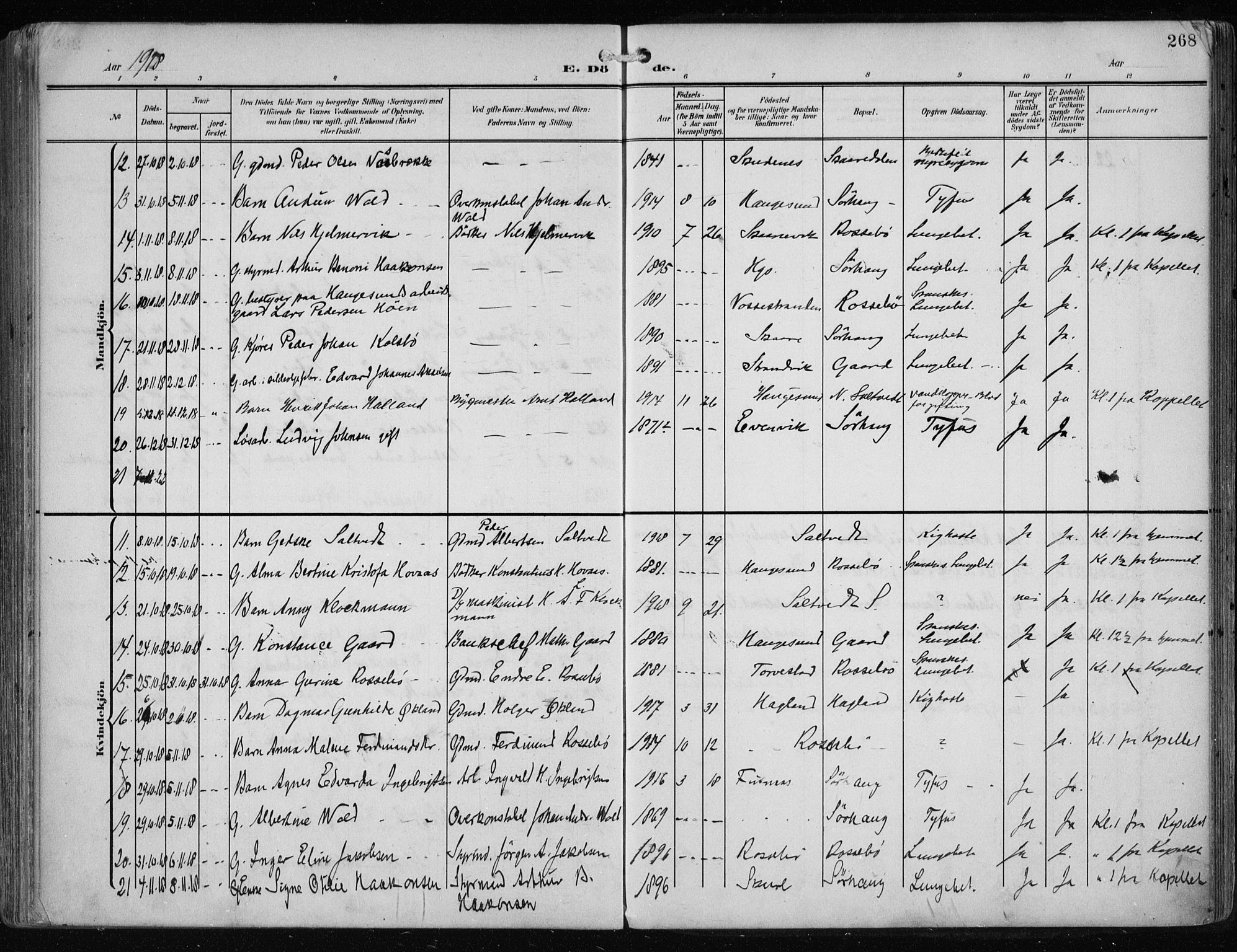 Haugesund sokneprestkontor, AV/SAST-A -101863/H/Ha/Haa/L0010: Parish register (official) no. A 10, 1909-1935, p. 268