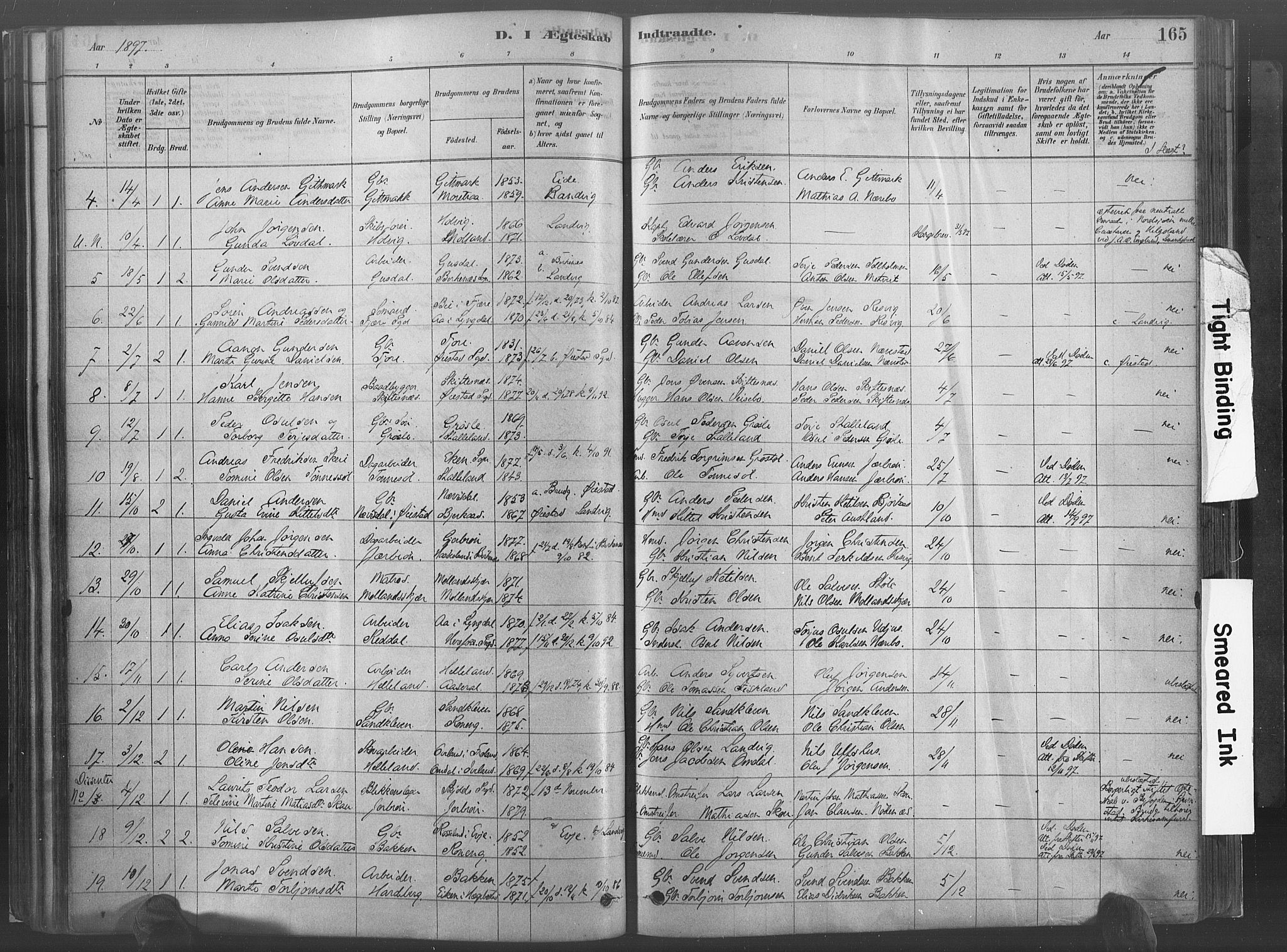 Hommedal sokneprestkontor, AV/SAK-1111-0023/F/Fa/Fab/L0006: Parish register (official) no. A 6, 1878-1897, p. 165