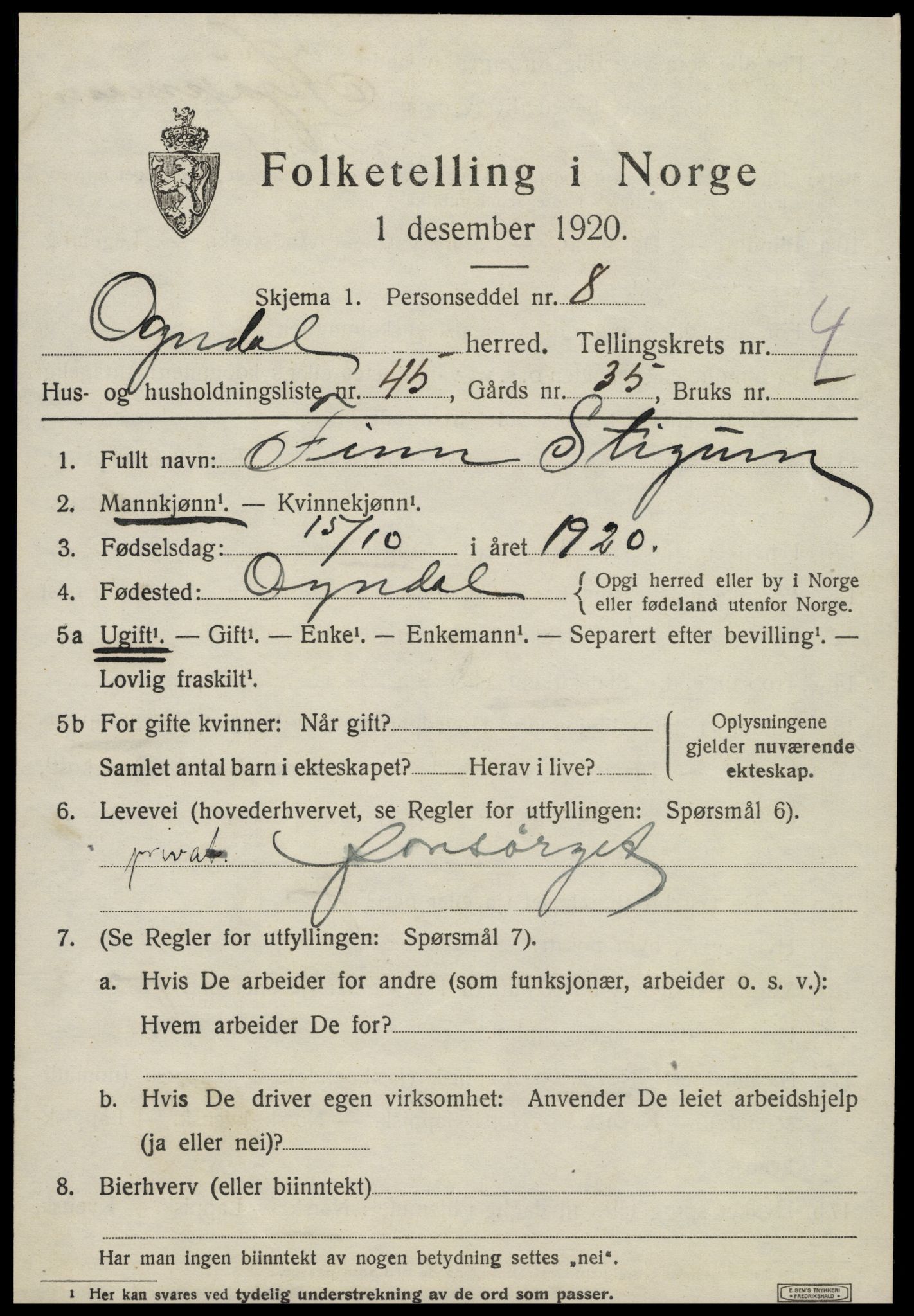 SAT, 1920 census for Ogndal, 1920, p. 1943