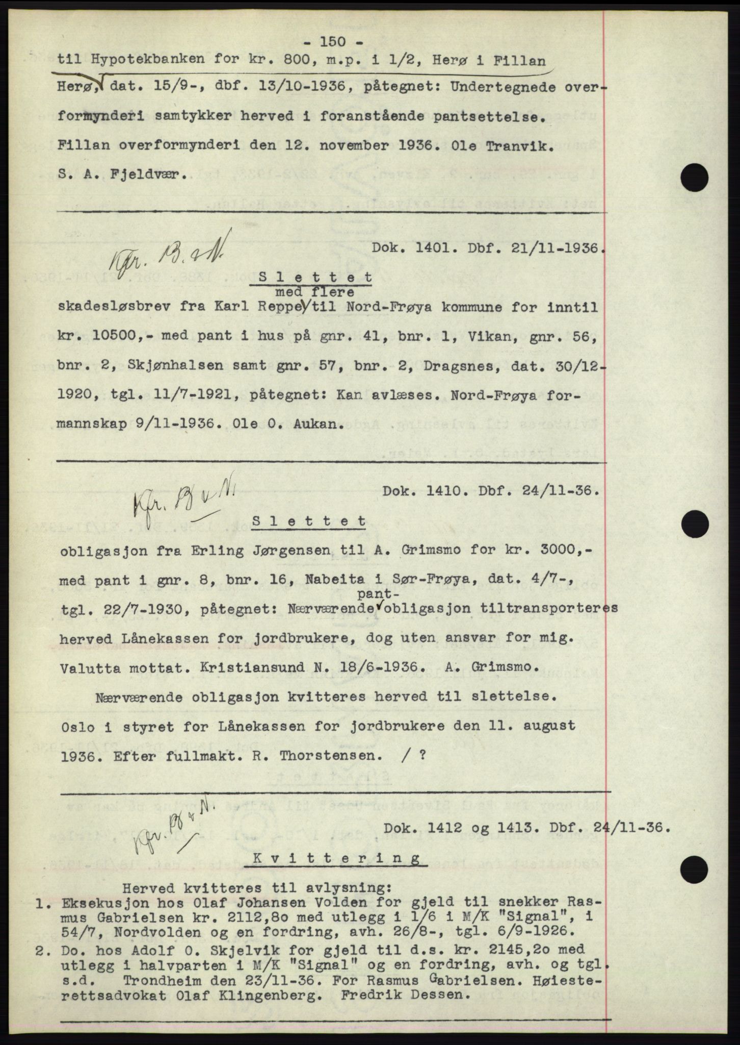 Hitra sorenskriveri, AV/SAT-A-0018/2/2C/2Ca: Mortgage book no. C1, 1936-1945, Diary no: : 1401/1936