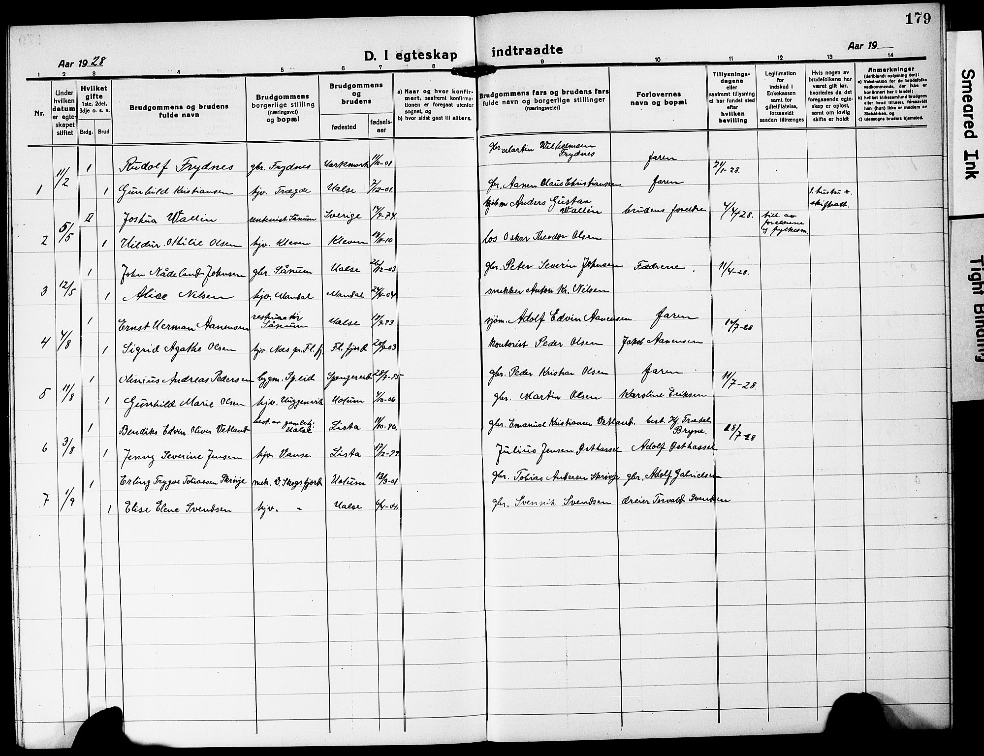 Mandal sokneprestkontor, SAK/1111-0030/F/Fb/Fba/L0013: Parish register (copy) no. B 7, 1918-1931, p. 179