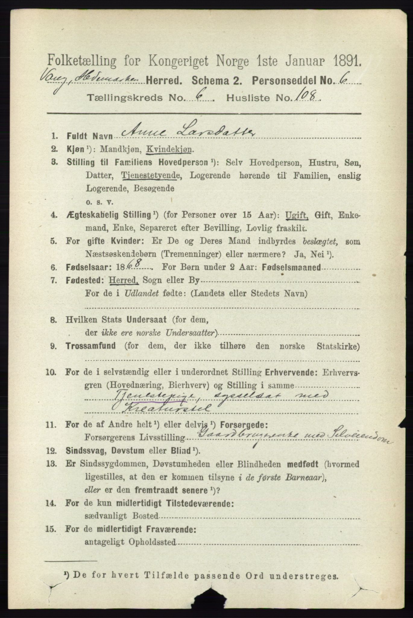 RA, 1891 census for 0414 Vang, 1891, p. 4913