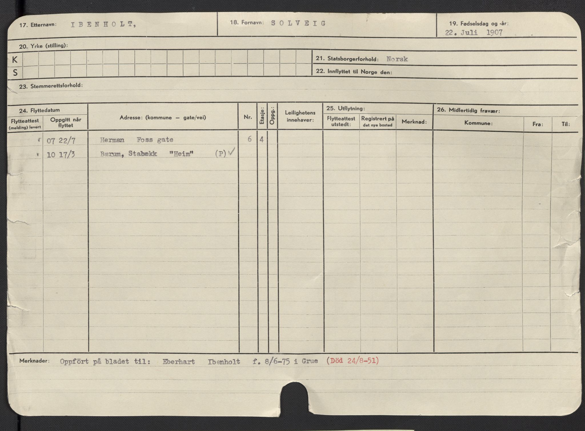 Oslo folkeregister, Registerkort, AV/SAO-A-11715/F/Fa/Fac/L0017: Kvinner, 1906-1914, p. 1b