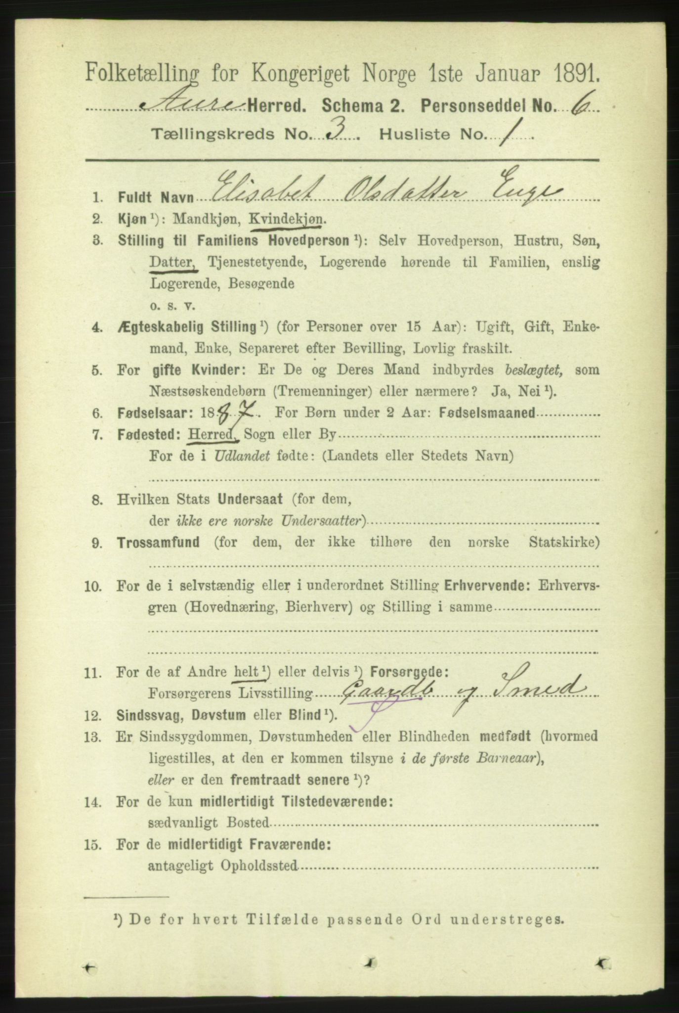 RA, 1891 census for 1569 Aure, 1891, p. 1556