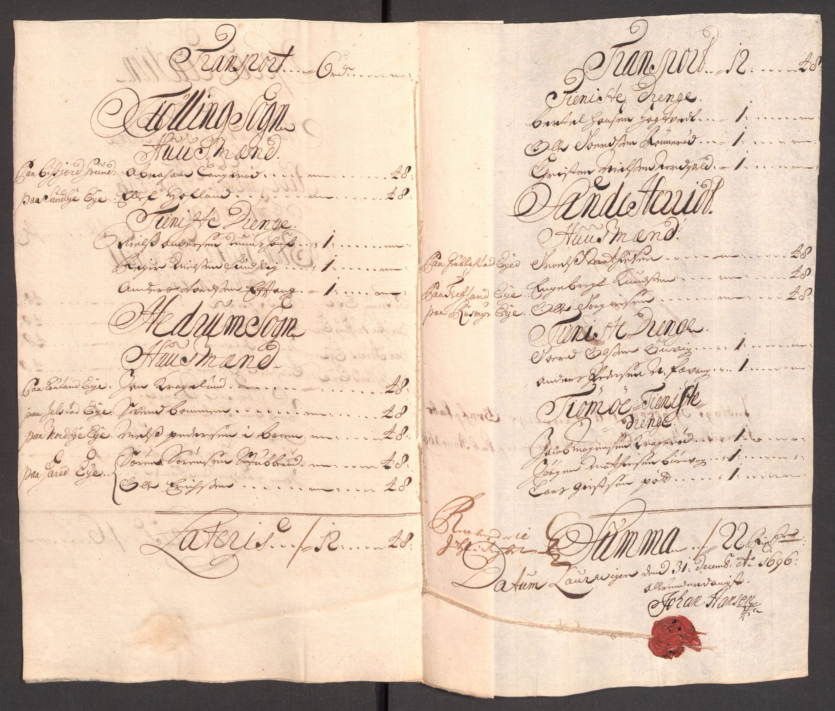 Rentekammeret inntil 1814, Reviderte regnskaper, Fogderegnskap, RA/EA-4092/R33/L1975: Fogderegnskap Larvik grevskap, 1696-1697, p. 73