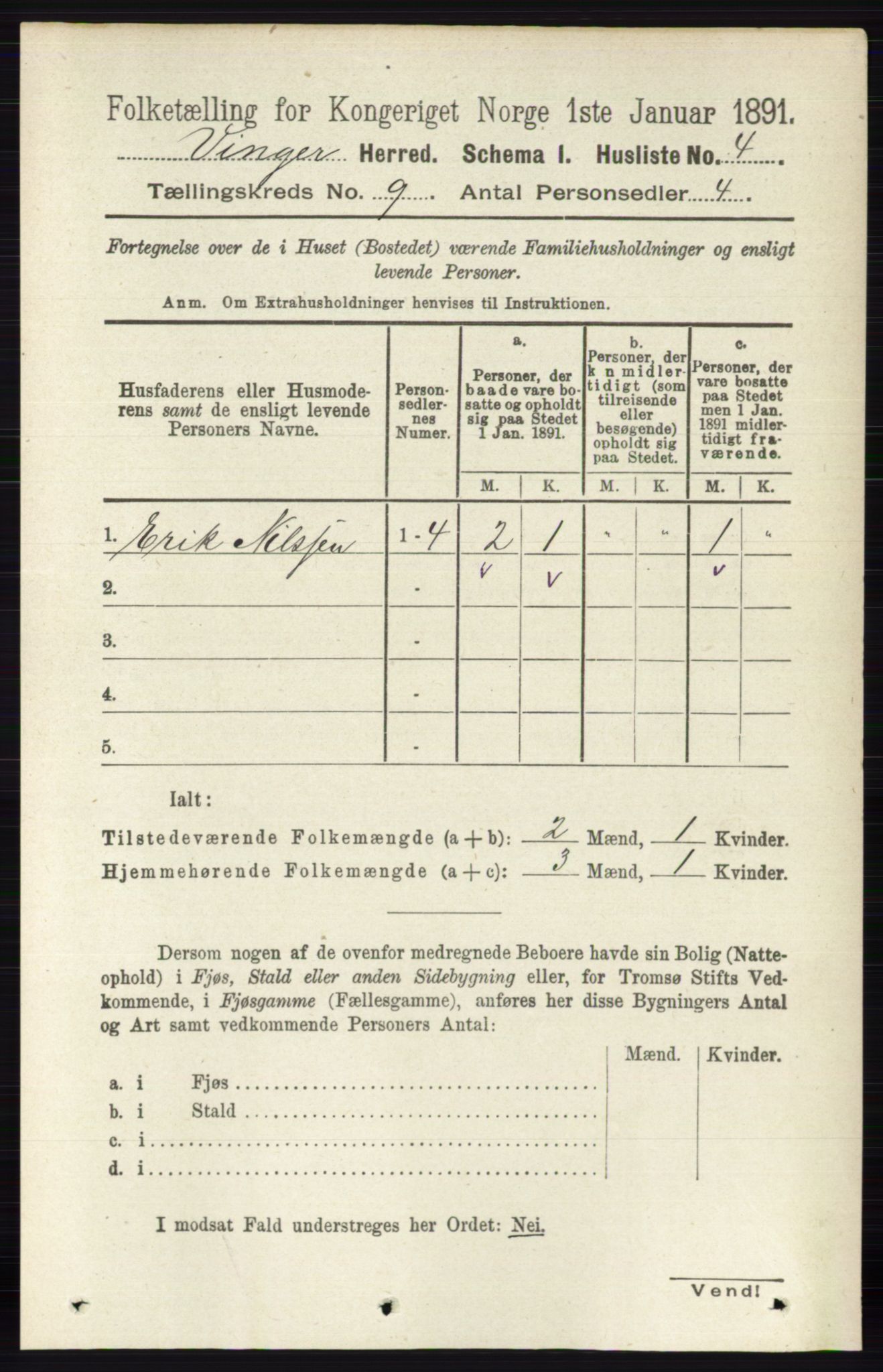 RA, 1891 census for 0421 Vinger, 1891, p. 4286