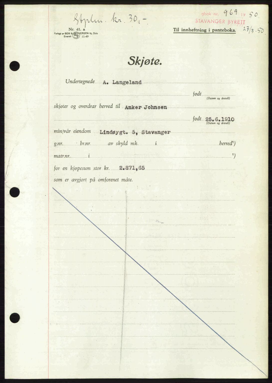 Stavanger byrett, SAST/A-100455/002/G/Gb/L0024: Mortgage book no. A13, 1949-1950, Diary no: : 969/1950