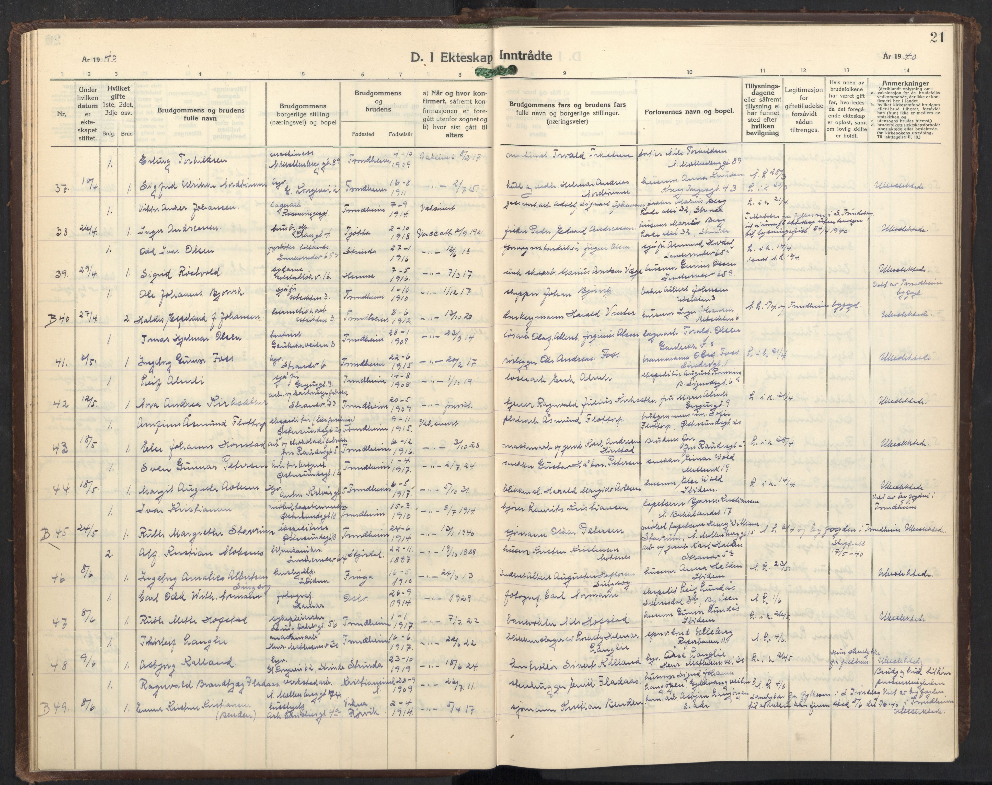 Ministerialprotokoller, klokkerbøker og fødselsregistre - Sør-Trøndelag, SAT/A-1456/605/L0263: Parish register (copy) no. 605C10, 1938-1949, p. 21