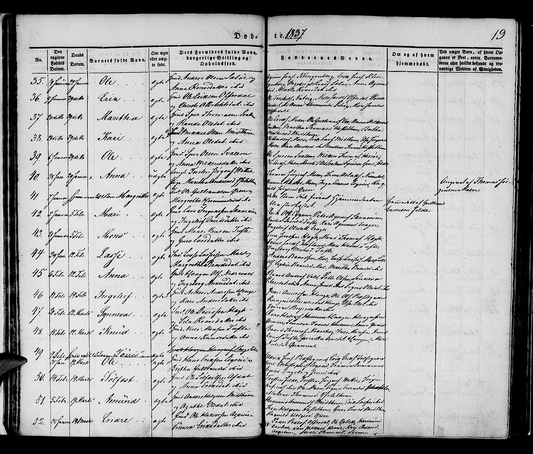 Lærdal sokneprestembete, AV/SAB-A-81201: Parish register (official) no. A 6, 1835-1849, p. 19