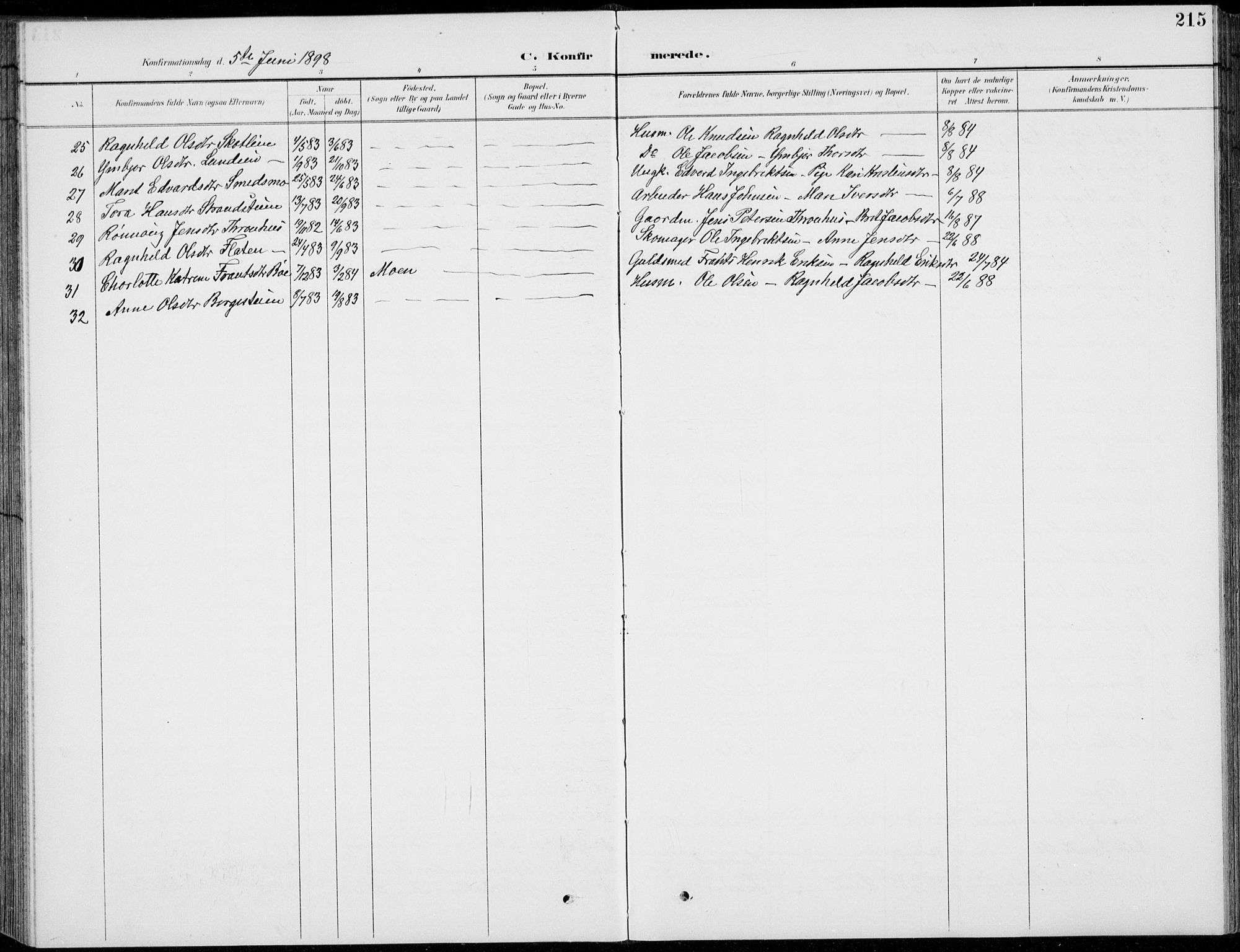 Vågå prestekontor, SAH/PREST-076/H/Ha/Hab/L0002: Parish register (copy) no. 2, 1894-1939, p. 215