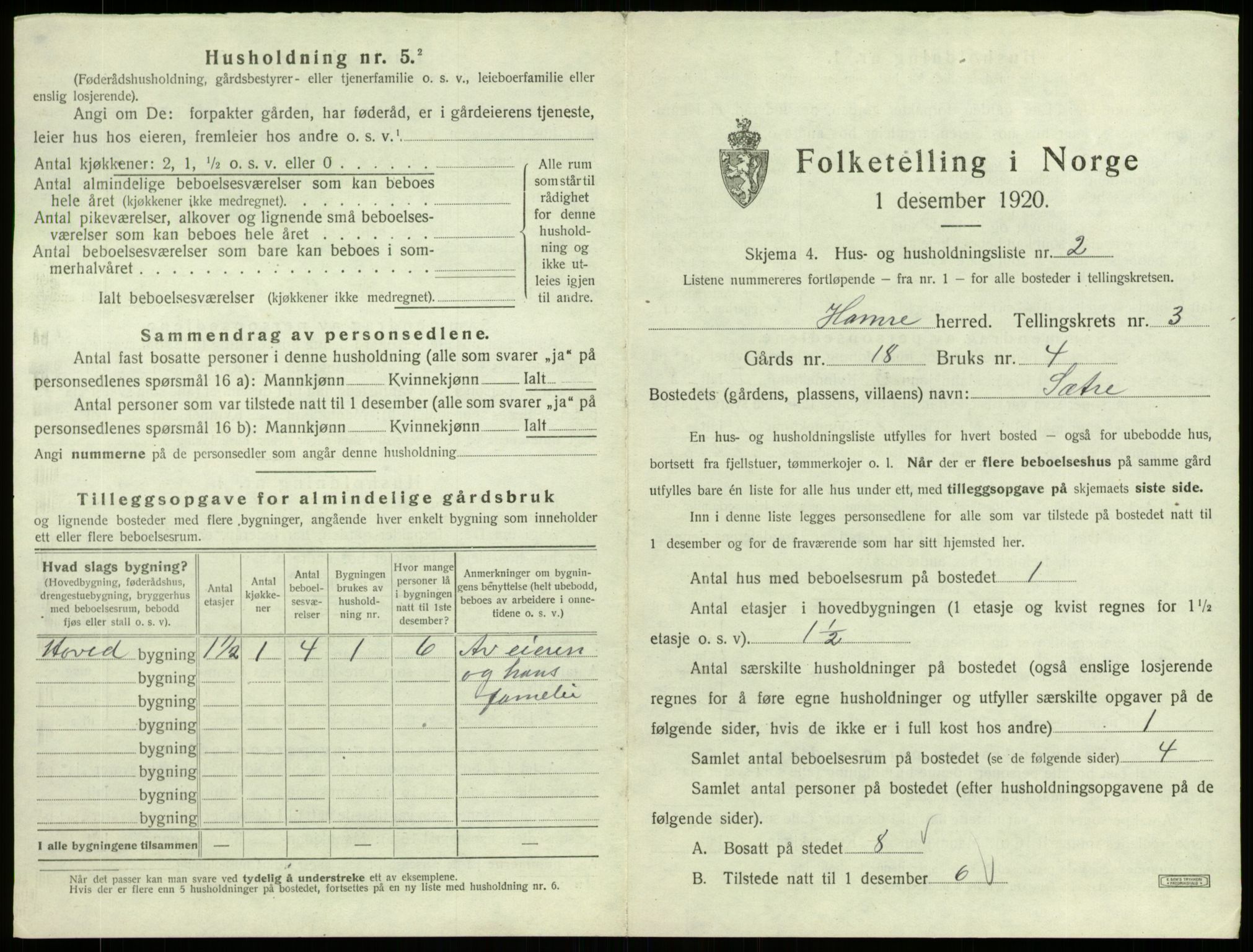 SAB, 1920 census for Hamre, 1920, p. 202