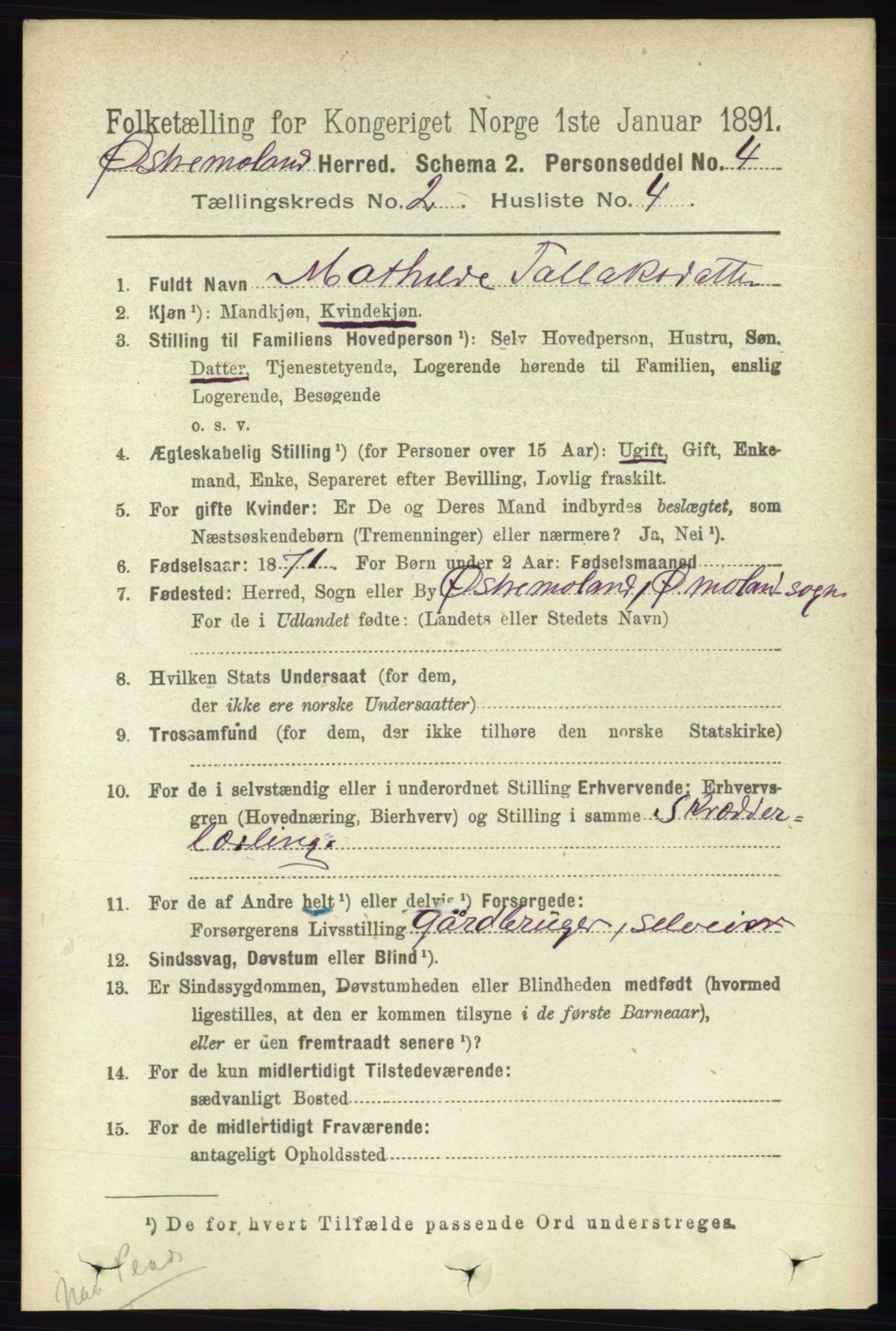 RA, 1891 census for 0918 Austre Moland, 1891, p. 699