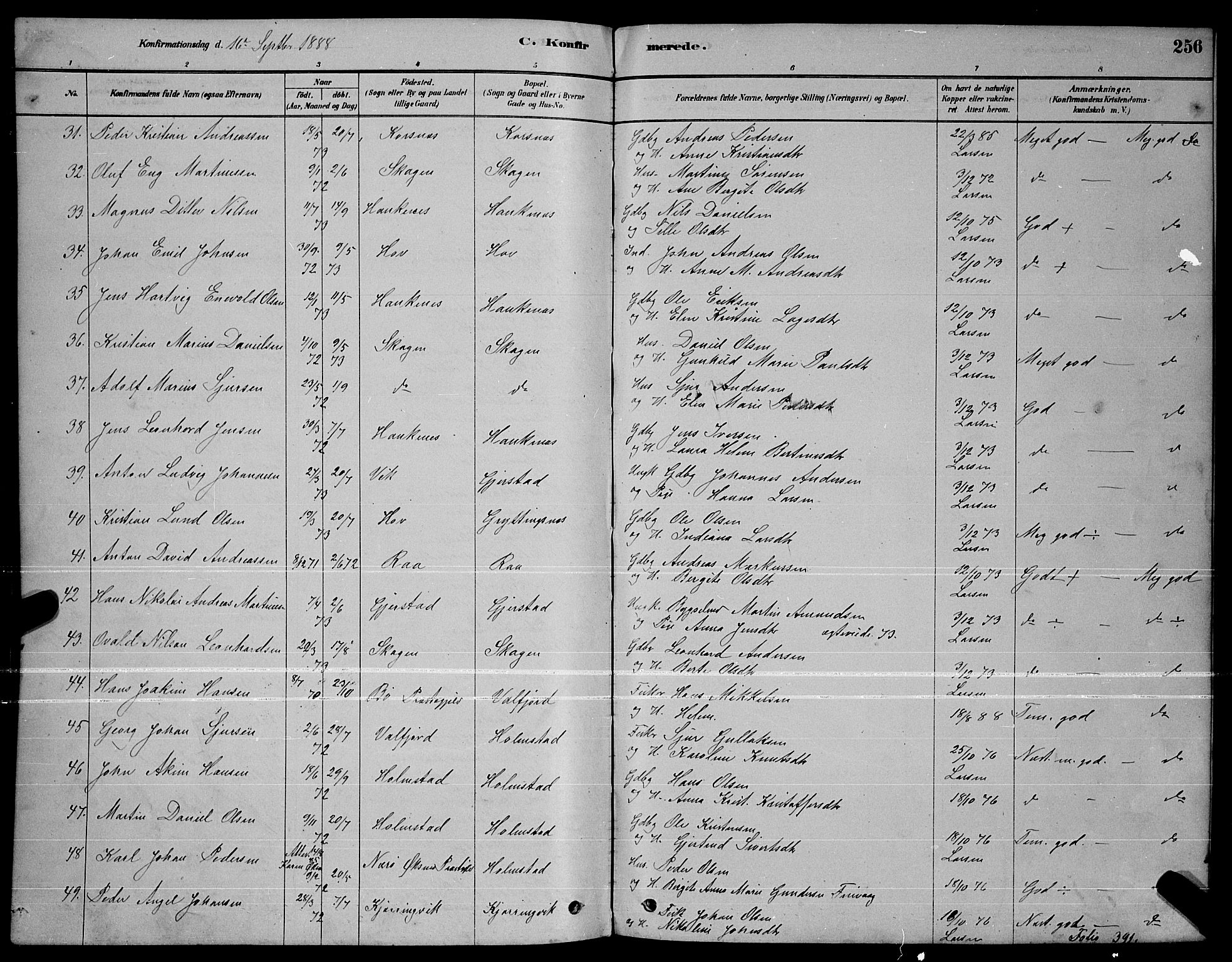 Ministerialprotokoller, klokkerbøker og fødselsregistre - Nordland, AV/SAT-A-1459/888/L1267: Parish register (copy) no. 888C05, 1878-1890, p. 256