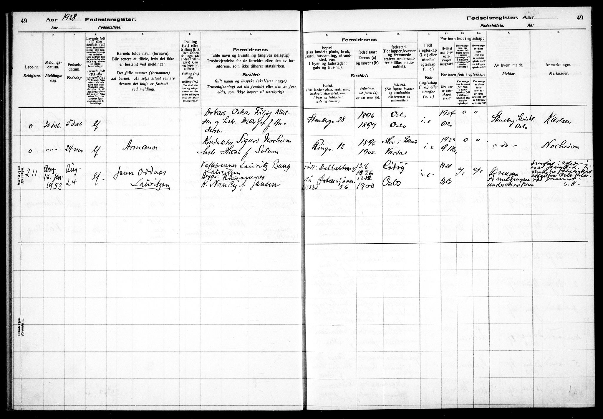 Østre Aker prestekontor Kirkebøker, AV/SAO-A-10840/J/Ja/L0003: Birth register no. I 3, 1927-1934, p. 49