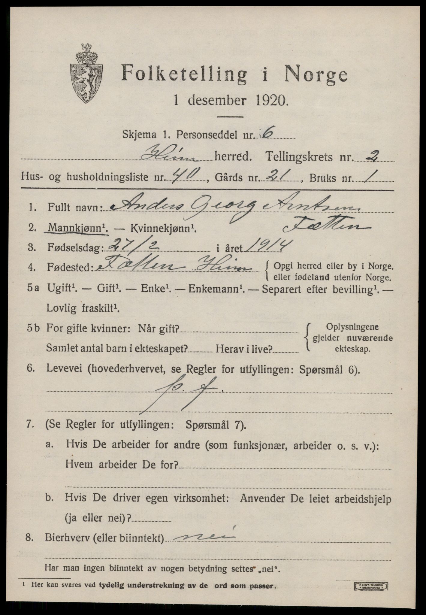 SAT, 1920 census for Heim, 1920, p. 1889