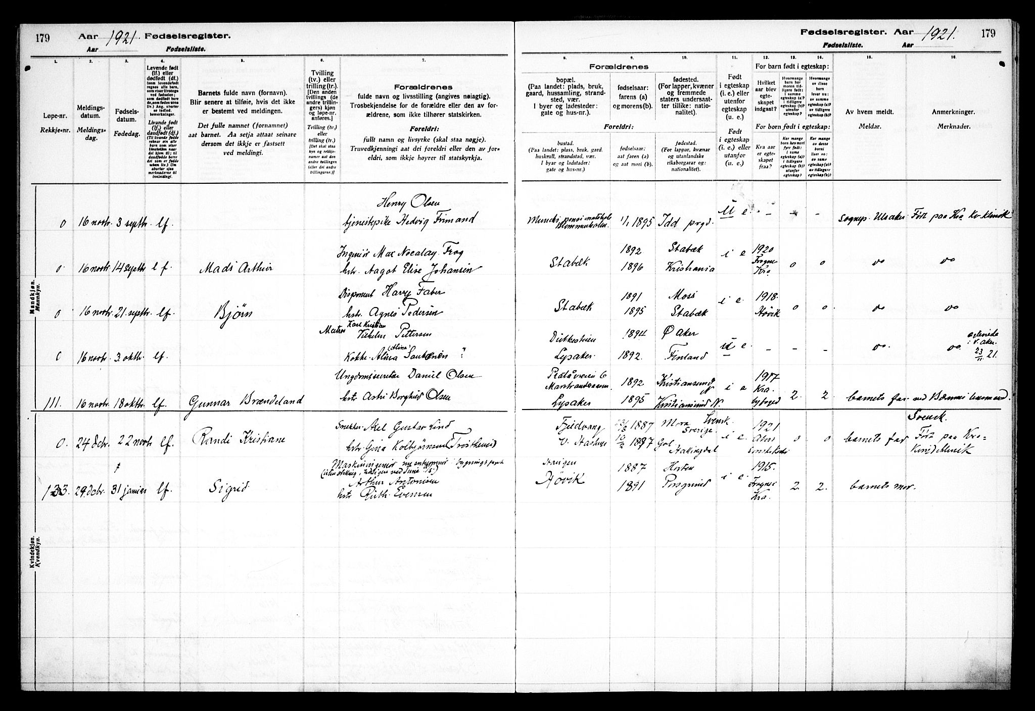 Østre Bærum prestekontor Kirkebøker, AV/SAO-A-10887/J/Ja/L0001: Birth register no. 1, 1916-1922, p. 179