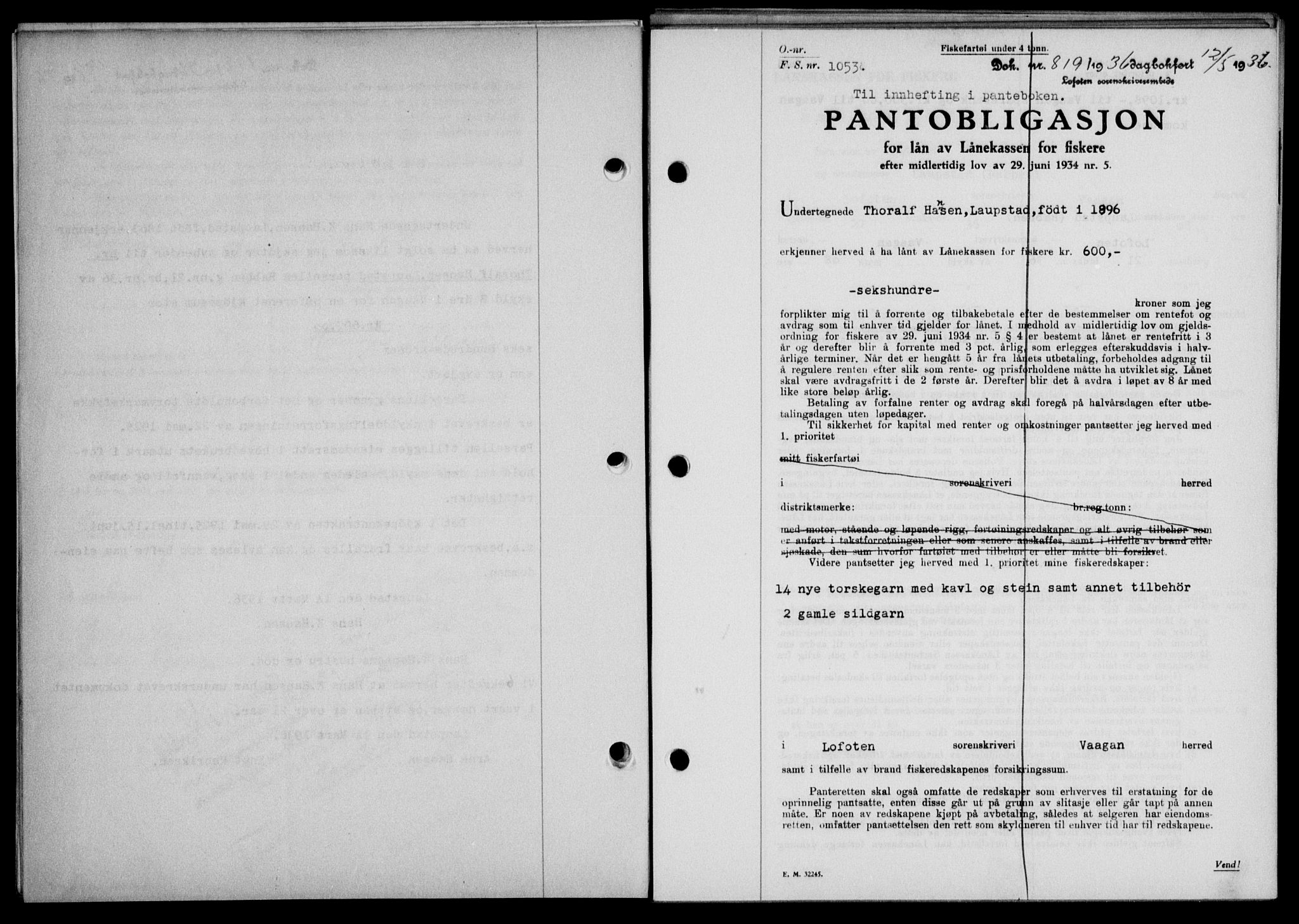 Lofoten sorenskriveri, SAT/A-0017/1/2/2C/L0033b: Mortgage book no. 33b, 1936-1936, Diary no: : 819/1936