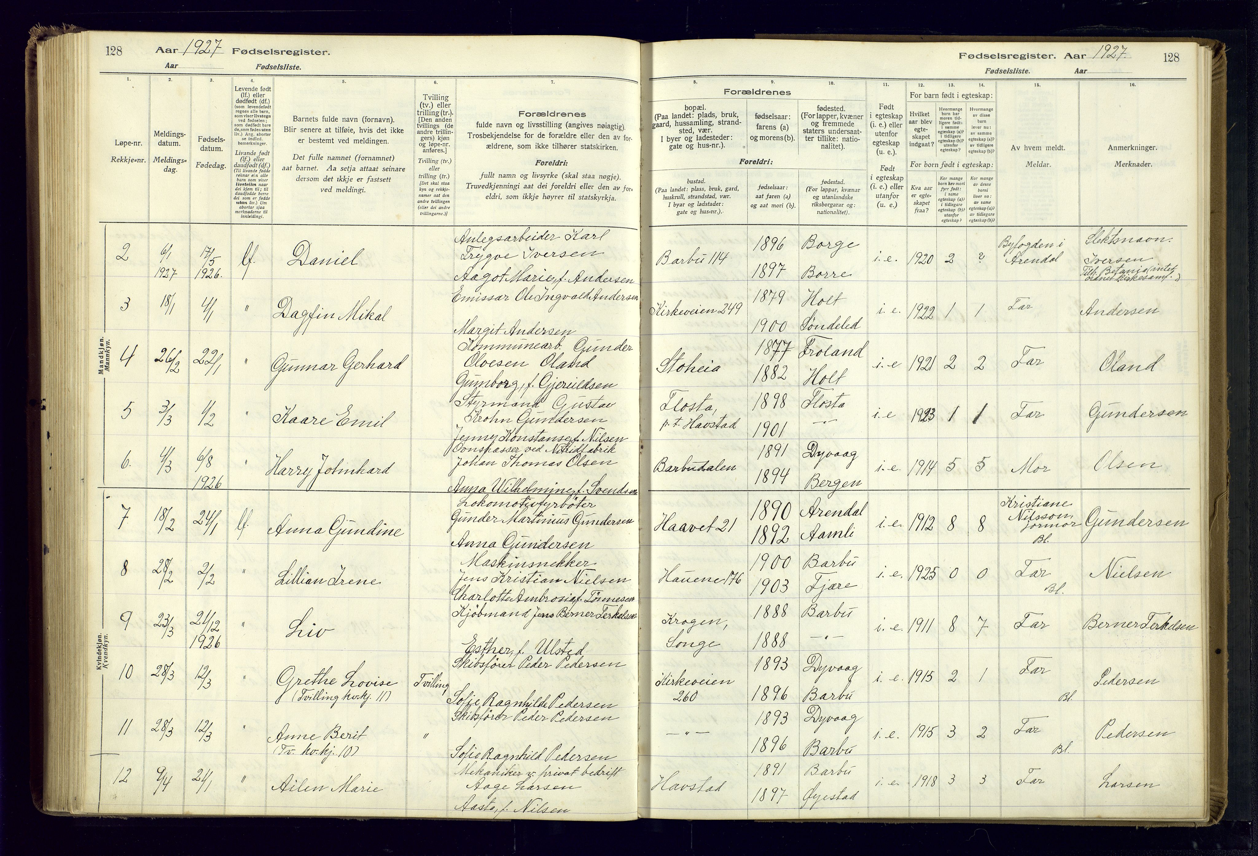 Barbu sokneprestkontor, SAK/1111-0003/J/Ja/L0001: Birth register no. A-VIII-1, 1916-1937, p. 128