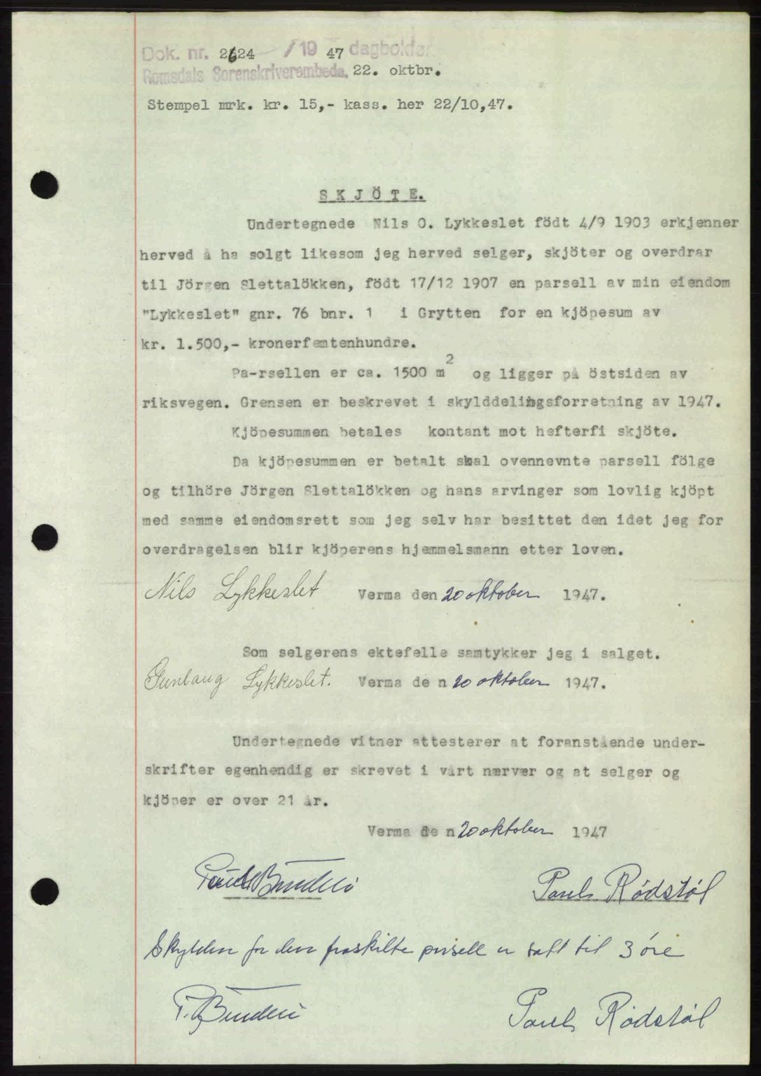 Romsdal sorenskriveri, SAT/A-4149/1/2/2C: Mortgage book no. A24, 1947-1947, Diary no: : 2624/1947