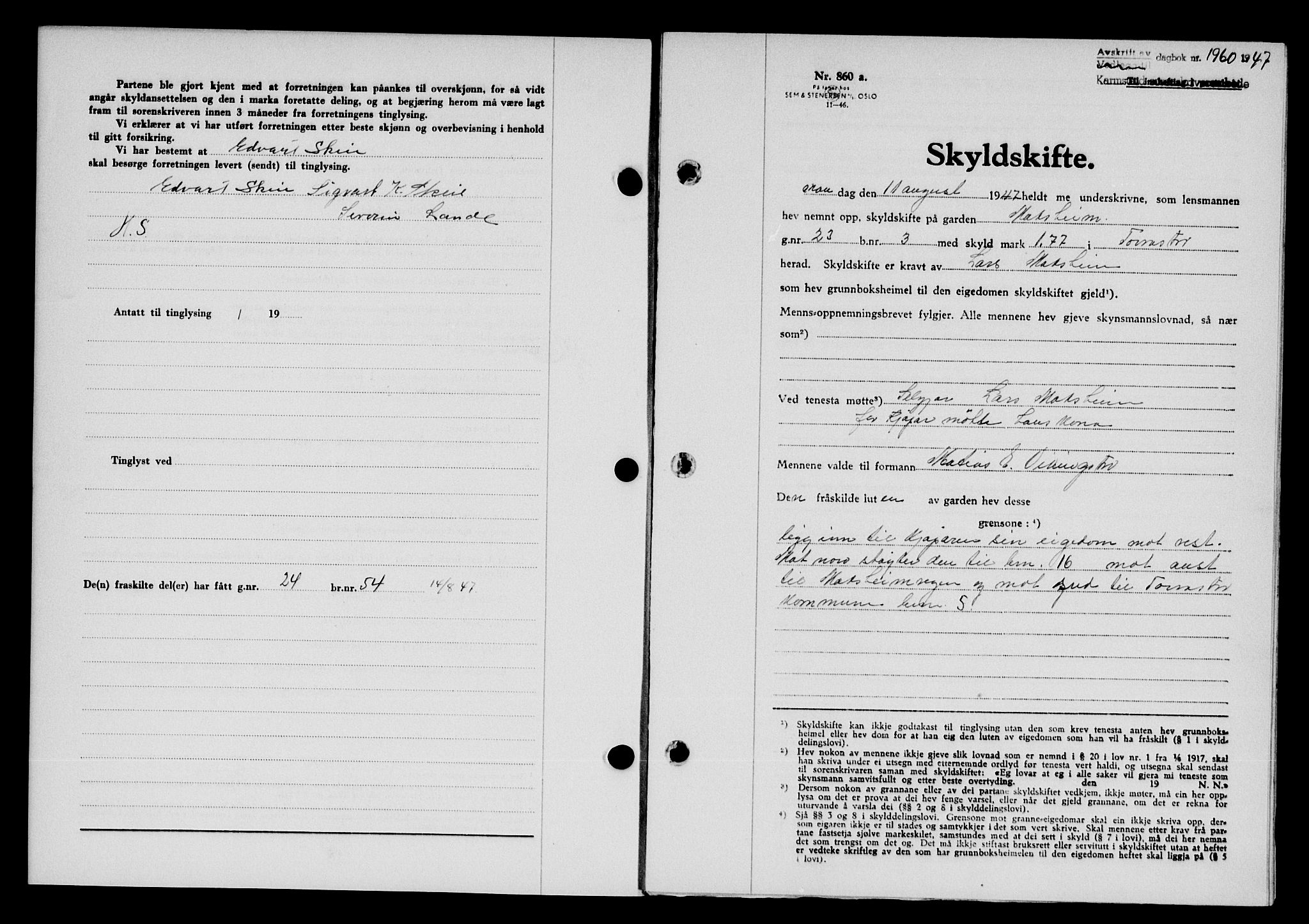 Karmsund sorenskriveri, SAST/A-100311/01/II/IIB/L0090: Mortgage book no. 70A, 1947-1947, Diary no: : 1960/1947