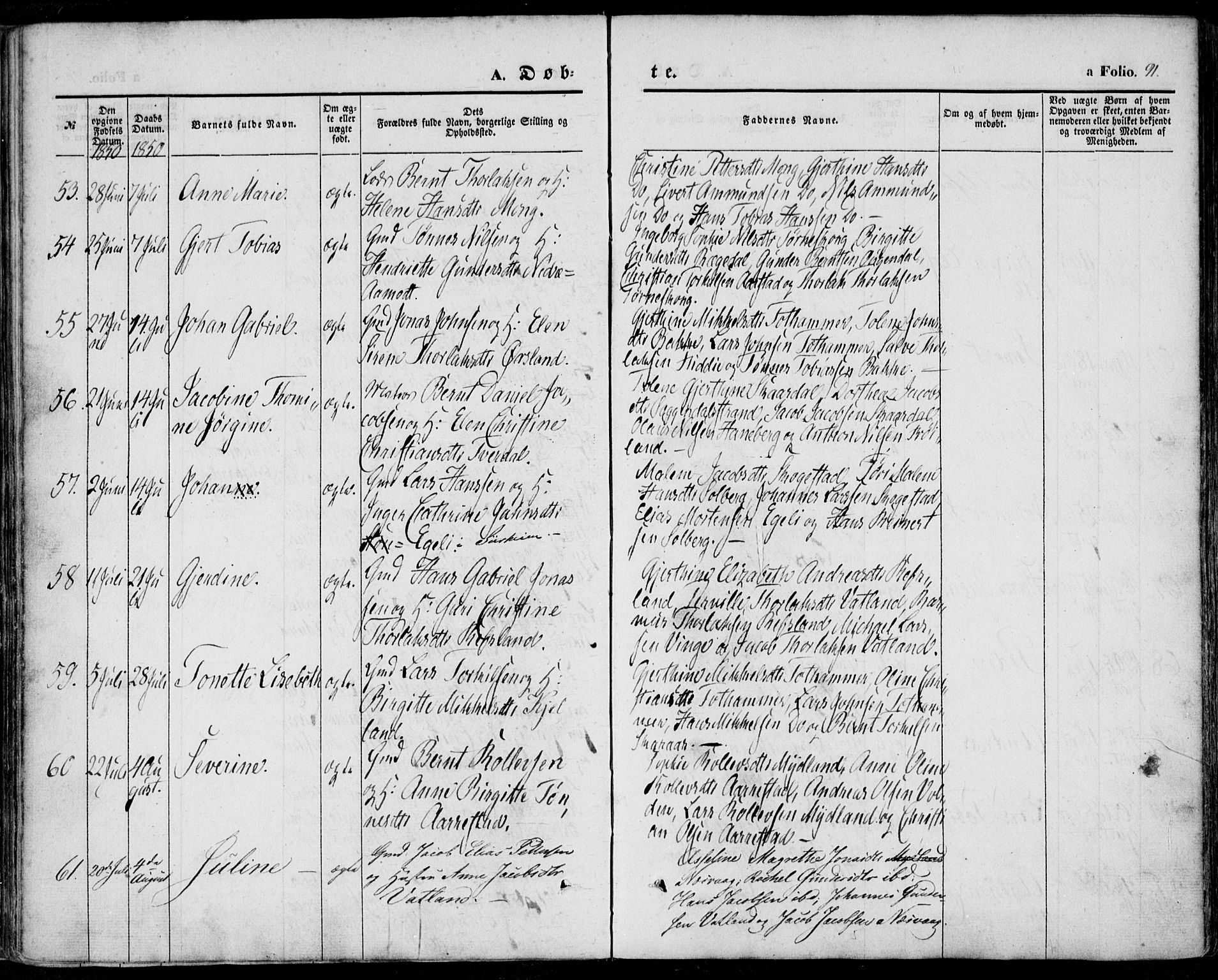 Sokndal sokneprestkontor, AV/SAST-A-101808: Parish register (official) no. A 8.1, 1842-1857, p. 91