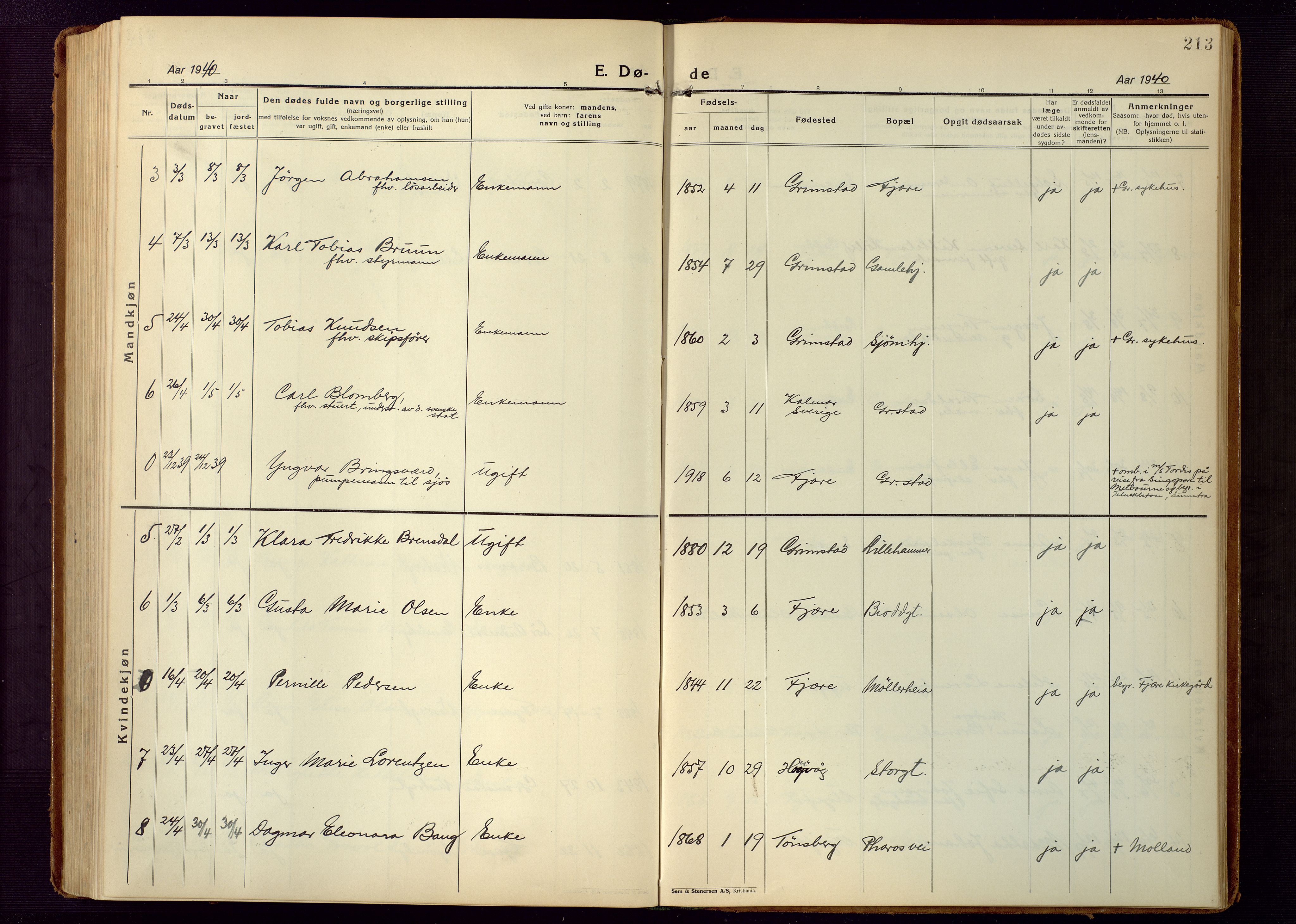 Grimstad sokneprestkontor, SAK/1111-0017/F/Fb/L0002: Parish register (copy) no. B 2, 1923-1949, p. 213