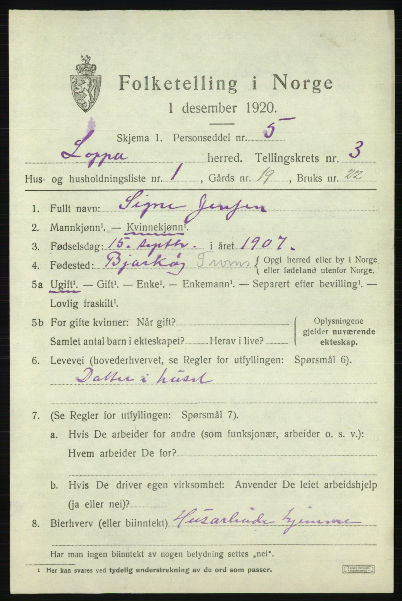 SATØ, 1920 census for Loppa, 1920, p. 1022