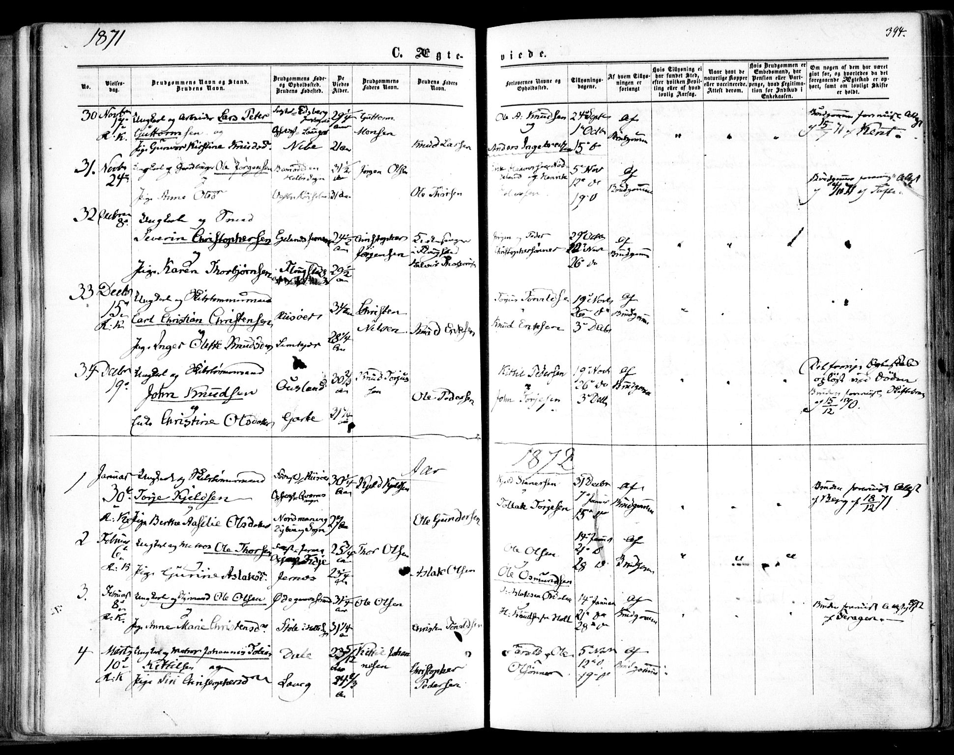 Søndeled sokneprestkontor, SAK/1111-0038/F/Fa/L0003: Parish register (official) no. A 3, 1861-1879, p. 394