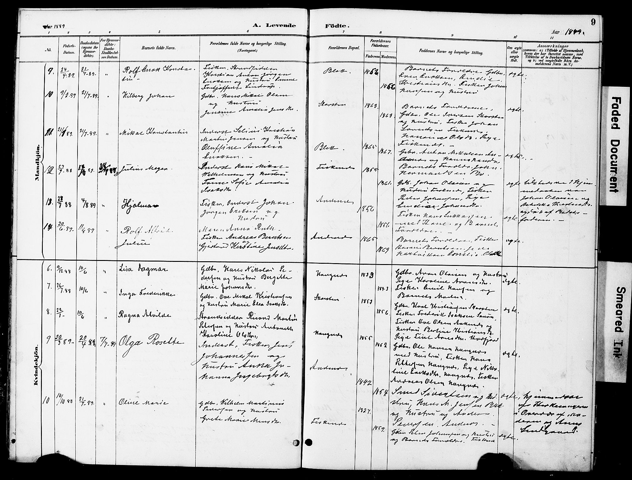 Ministerialprotokoller, klokkerbøker og fødselsregistre - Nordland, AV/SAT-A-1459/899/L1448: Parish register (copy) no. 899C03, 1887-1902, p. 9