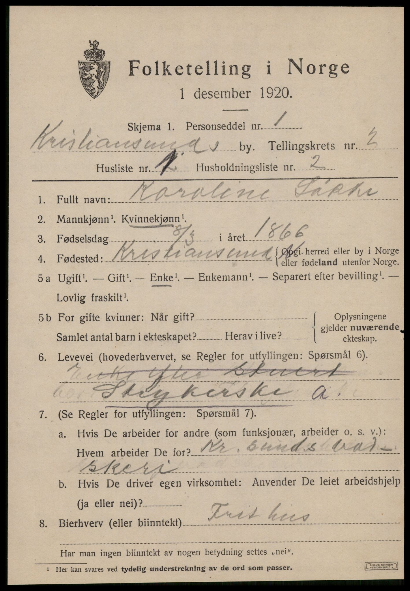 SAT, 1920 census for Kristiansund, 1920, p. 11441