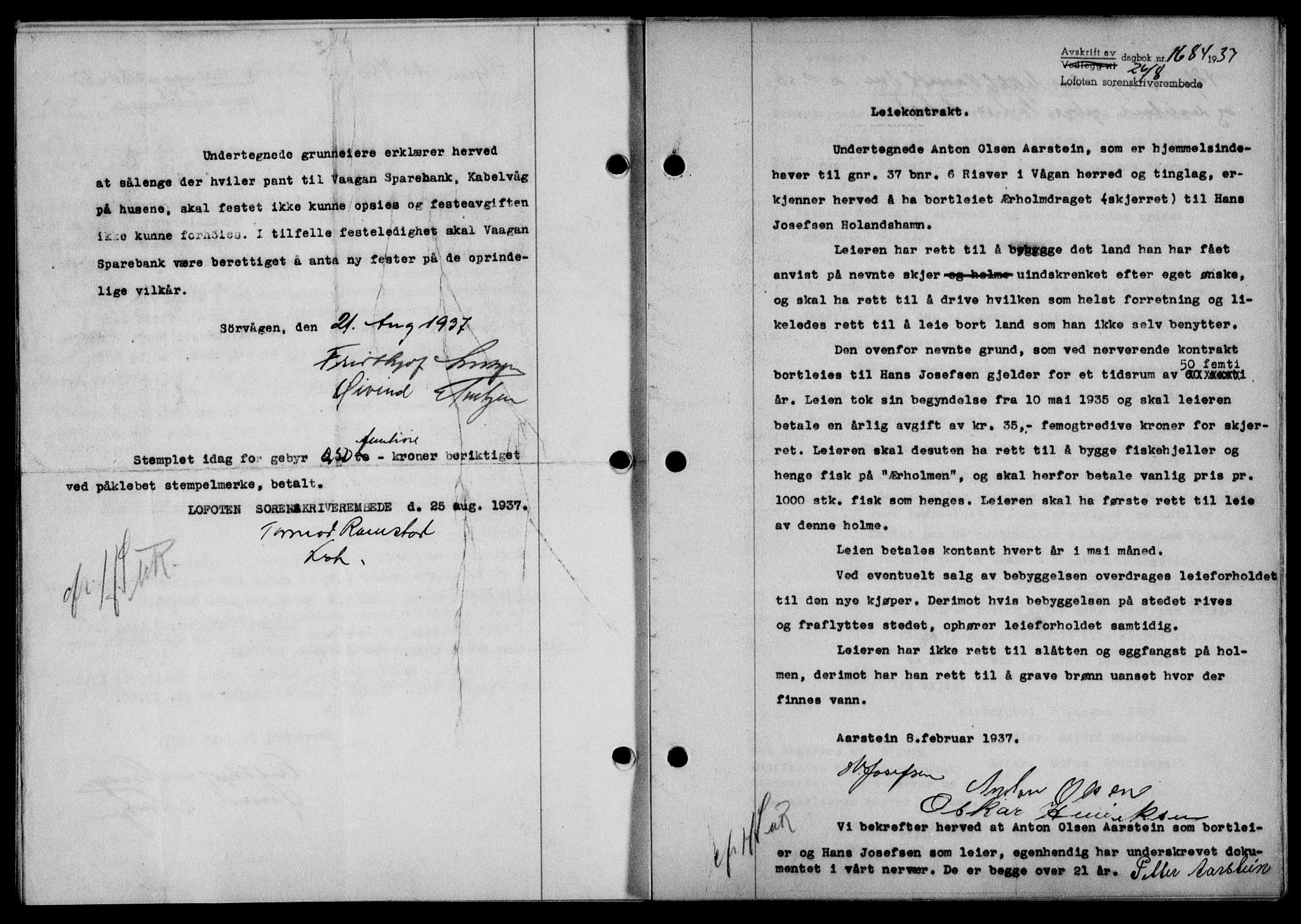 Lofoten sorenskriveri, SAT/A-0017/1/2/2C/L0002a: Mortgage book no. 2a, 1937-1937, Diary no: : 1684/1937