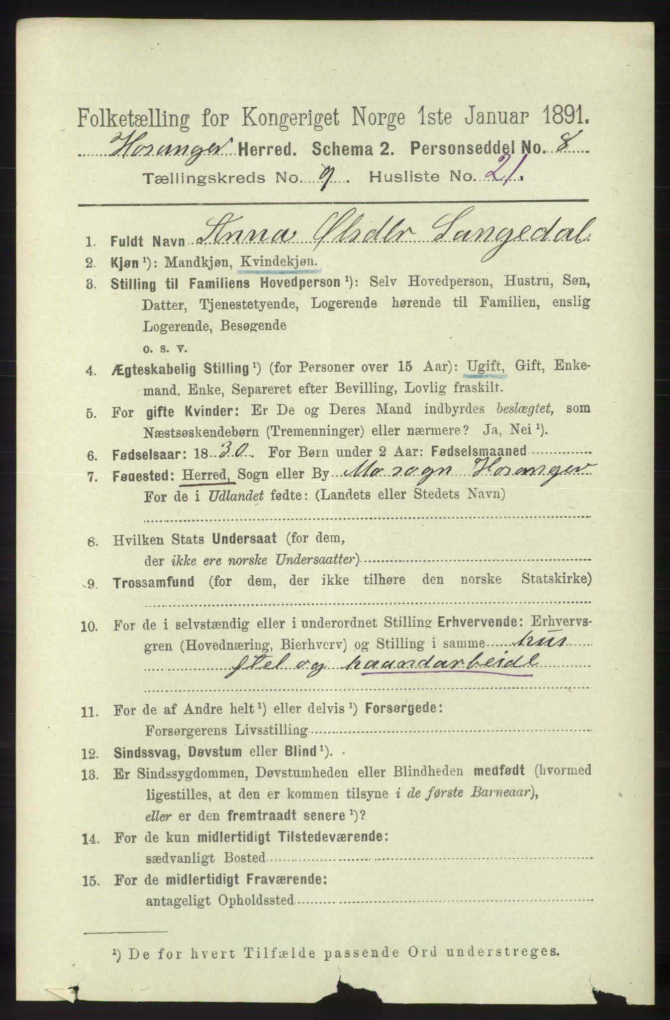 RA, 1891 census for 1253 Hosanger, 1891, p. 3422