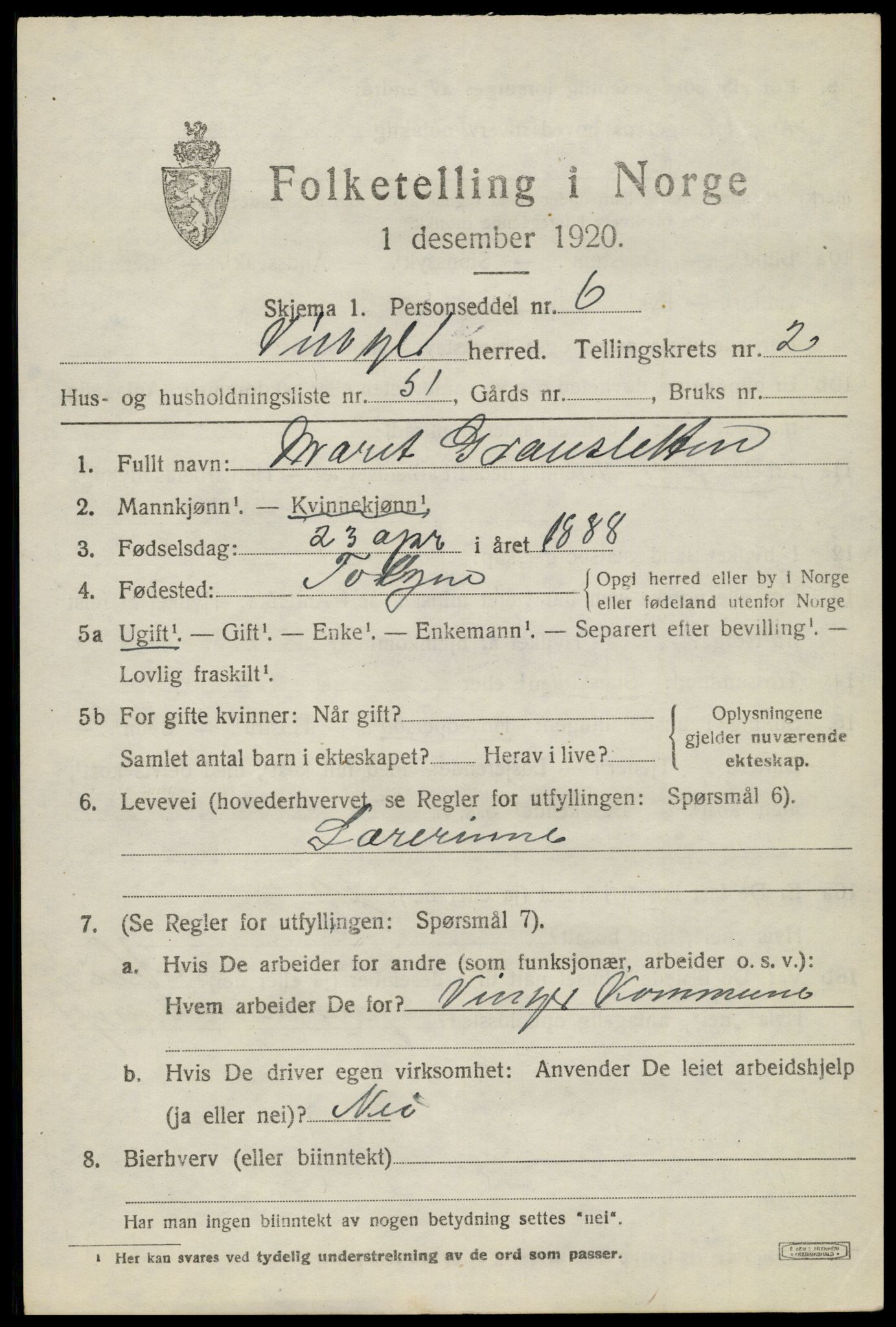 SAH, 1920 census for Vinger, 1920, p. 4562