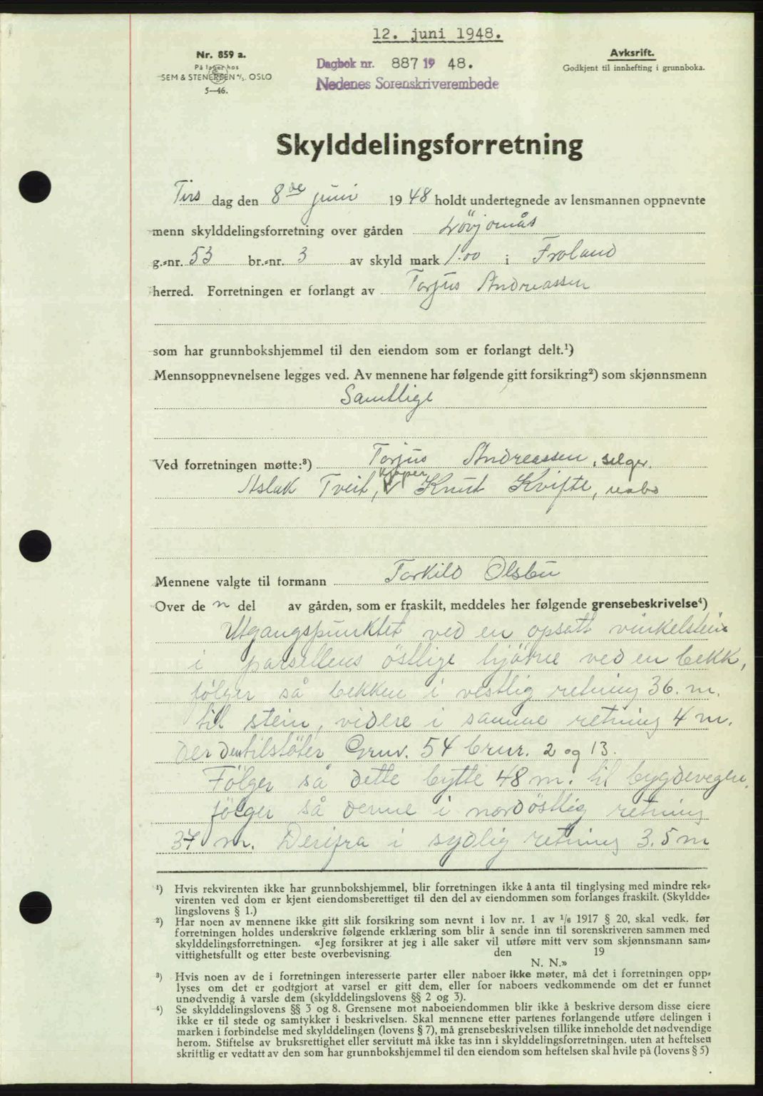 Nedenes sorenskriveri, SAK/1221-0006/G/Gb/Gba/L0059: Mortgage book no. A11, 1948-1948, Diary no: : 887/1948