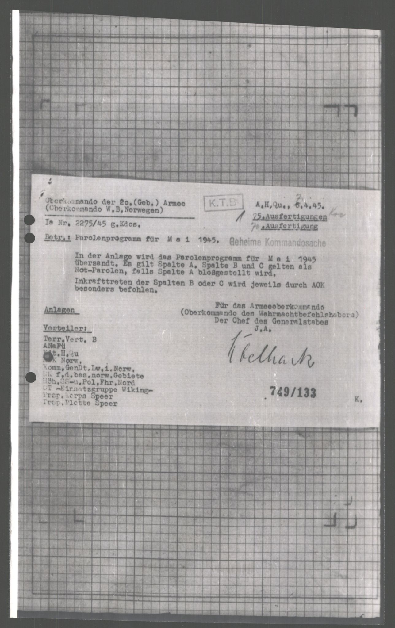 Forsvarets Overkommando. 2 kontor. Arkiv 11.4. Spredte tyske arkivsaker, AV/RA-RAFA-7031/D/Dar/Dara/L0004: Krigsdagbøker for 20. Gebirgs-Armee-Oberkommando (AOK 20), 1945, p. 447