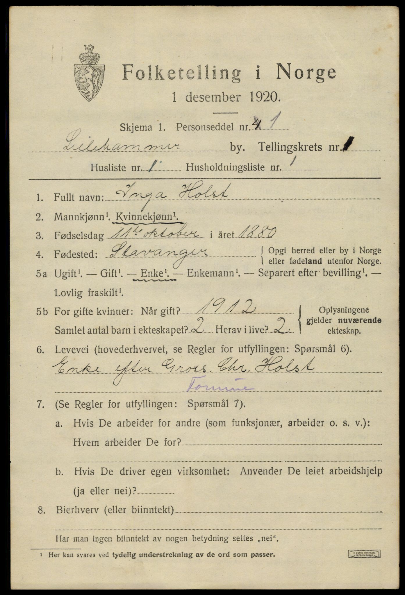 SAH, 1920 census for Lillehammer, 1920, p. 3734