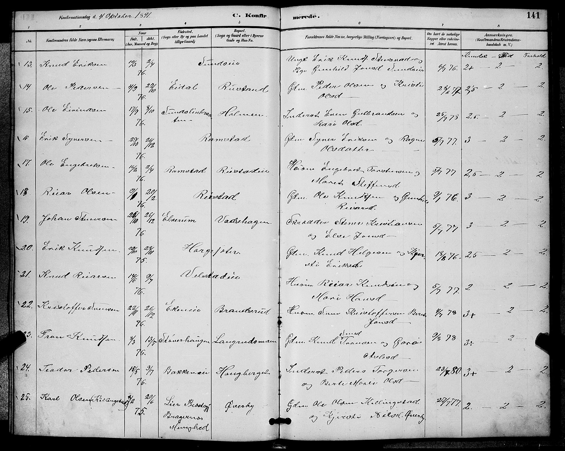 Sigdal kirkebøker, AV/SAKO-A-245/G/Ga/L0005: Parish register (copy) no. I 5, 1886-1900, p. 141