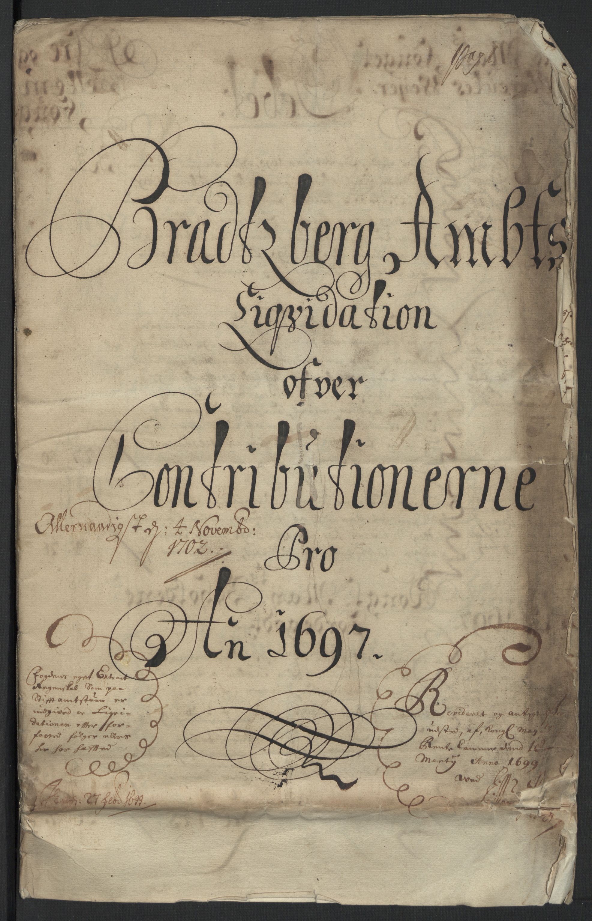 Rentekammeret inntil 1814, Reviderte regnskaper, Fogderegnskap, RA/EA-4092/R36/L2096: Fogderegnskap Øvre og Nedre Telemark og Bamble, 1697, p. 4