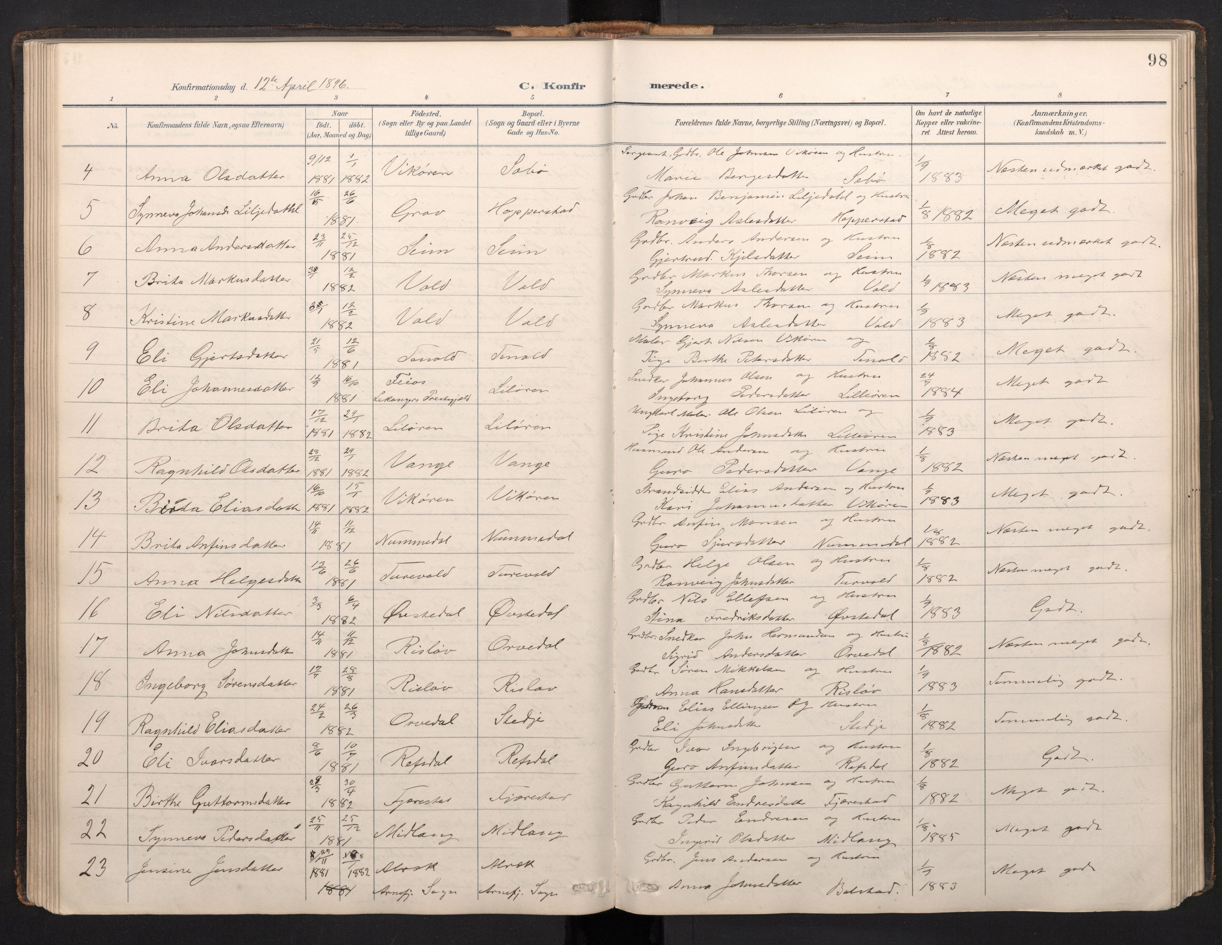 Vik sokneprestembete, SAB/A-81501: Parish register (copy) no. A 4, 1895-1914, p. 97b-98a