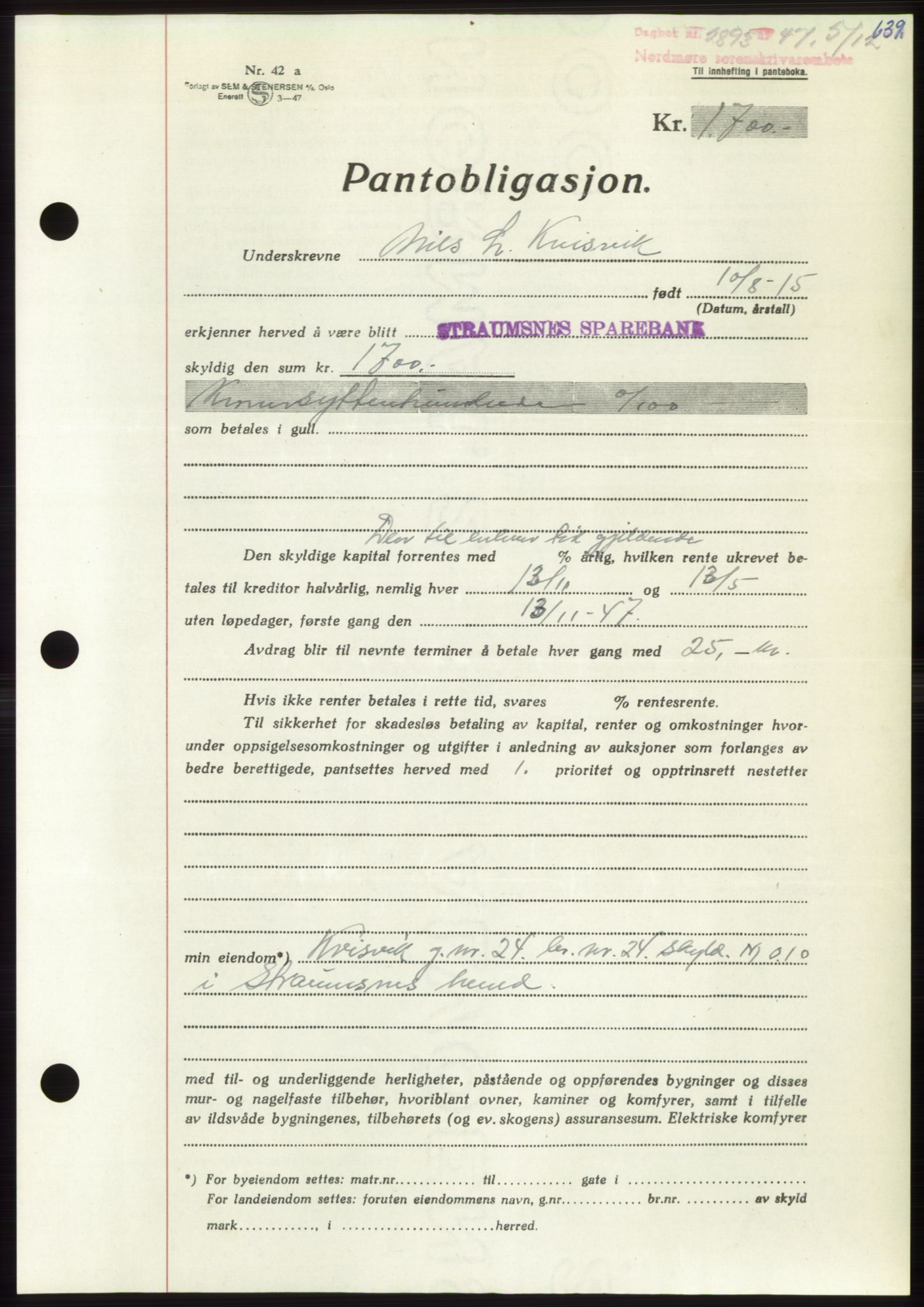 Nordmøre sorenskriveri, AV/SAT-A-4132/1/2/2Ca: Mortgage book no. B97, 1947-1948, Diary no: : 2893/1947