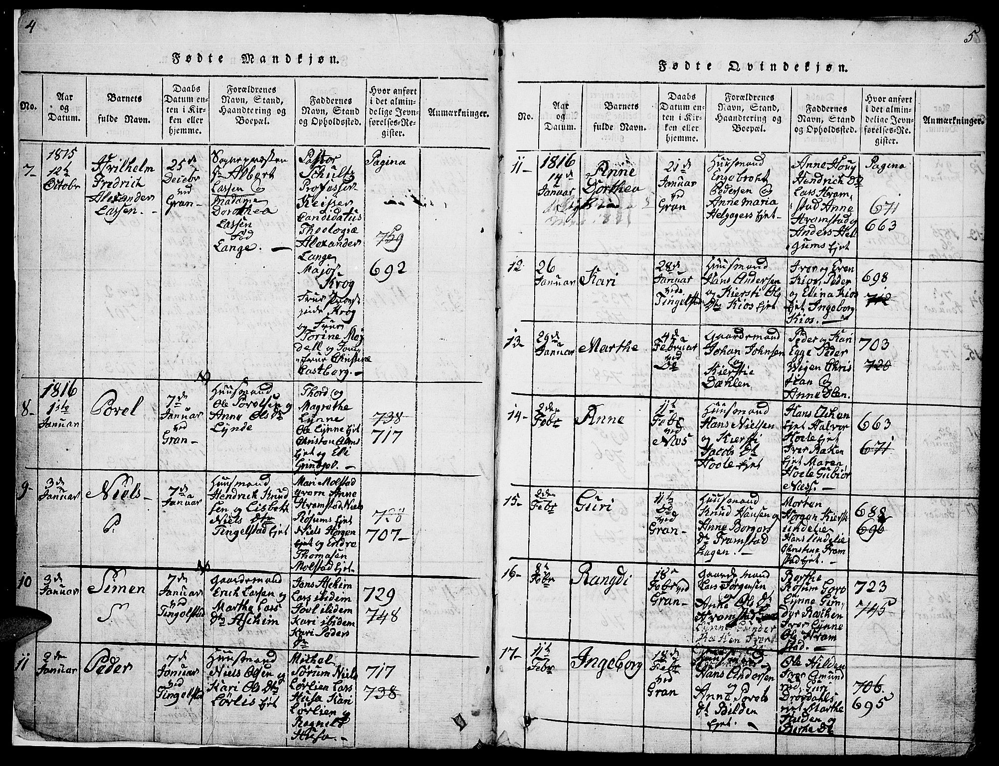 Gran prestekontor, SAH/PREST-112/H/Ha/Hab/L0001: Parish register (copy) no. 1, 1815-1824, p. 4-5
