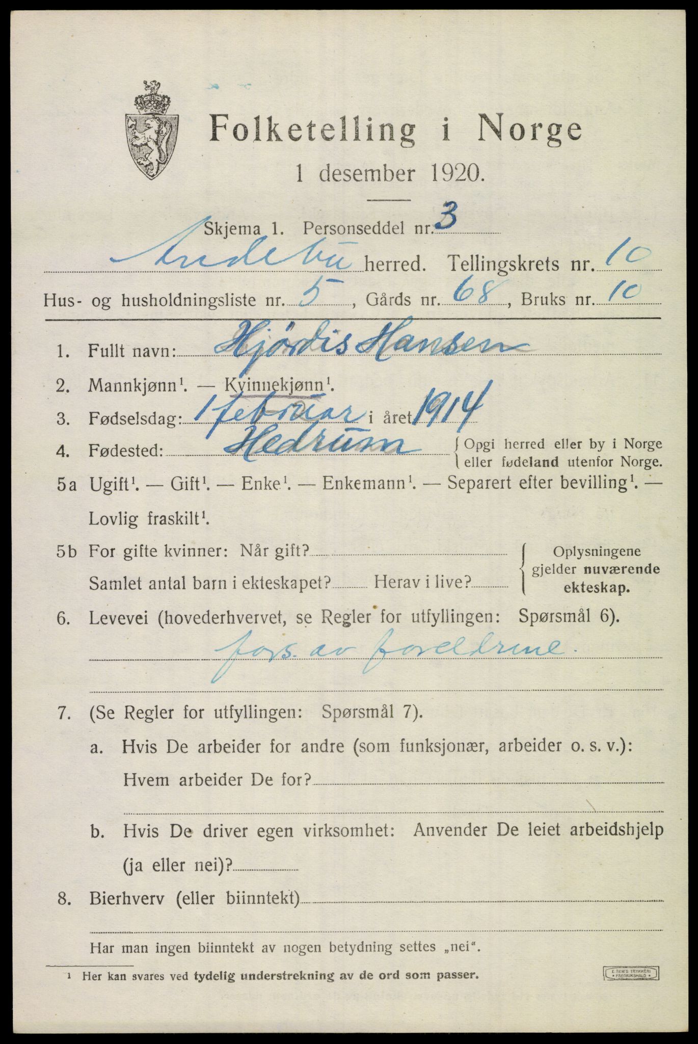 SAKO, 1920 census for Andebu, 1920, p. 4106