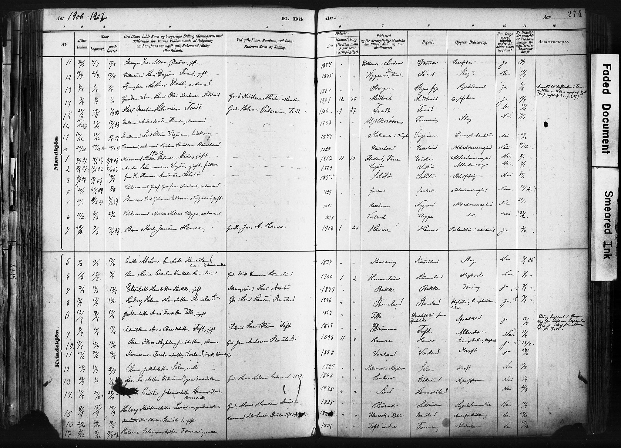 Sund sokneprestembete, SAB/A-99930: Parish register (official) no. B 1, 1882-1907, p. 274