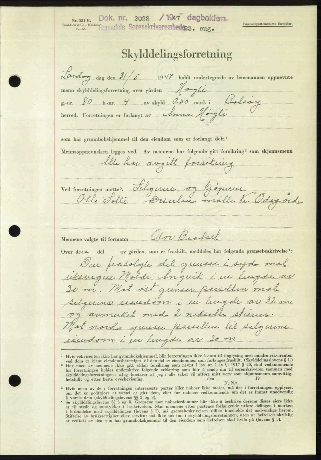 Romsdal sorenskriveri, AV/SAT-A-4149/1/2/2C: Mortgage book no. A23, 1947-1947, Diary no: : 2022/1947