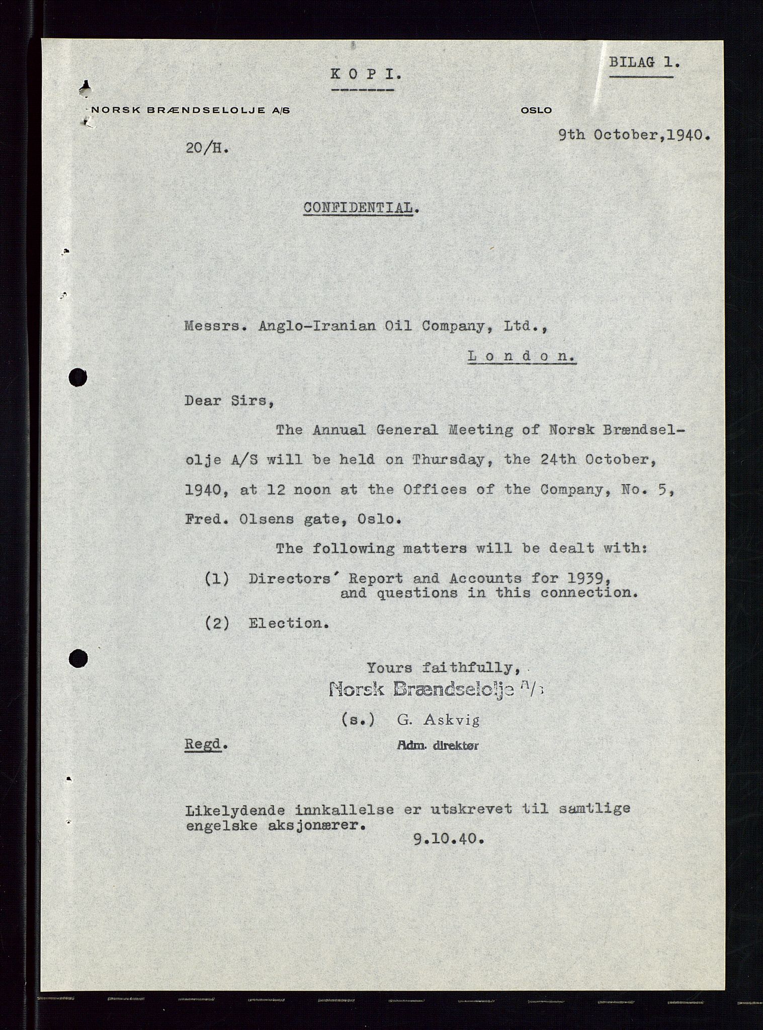 PA 1544 - Norsk Brændselolje A/S, AV/SAST-A-101965/1/A/Aa/L0004/0001: Generalforsamling / Ekstraordinær generalforsamling. Generalforsamling , 1940, p. 19