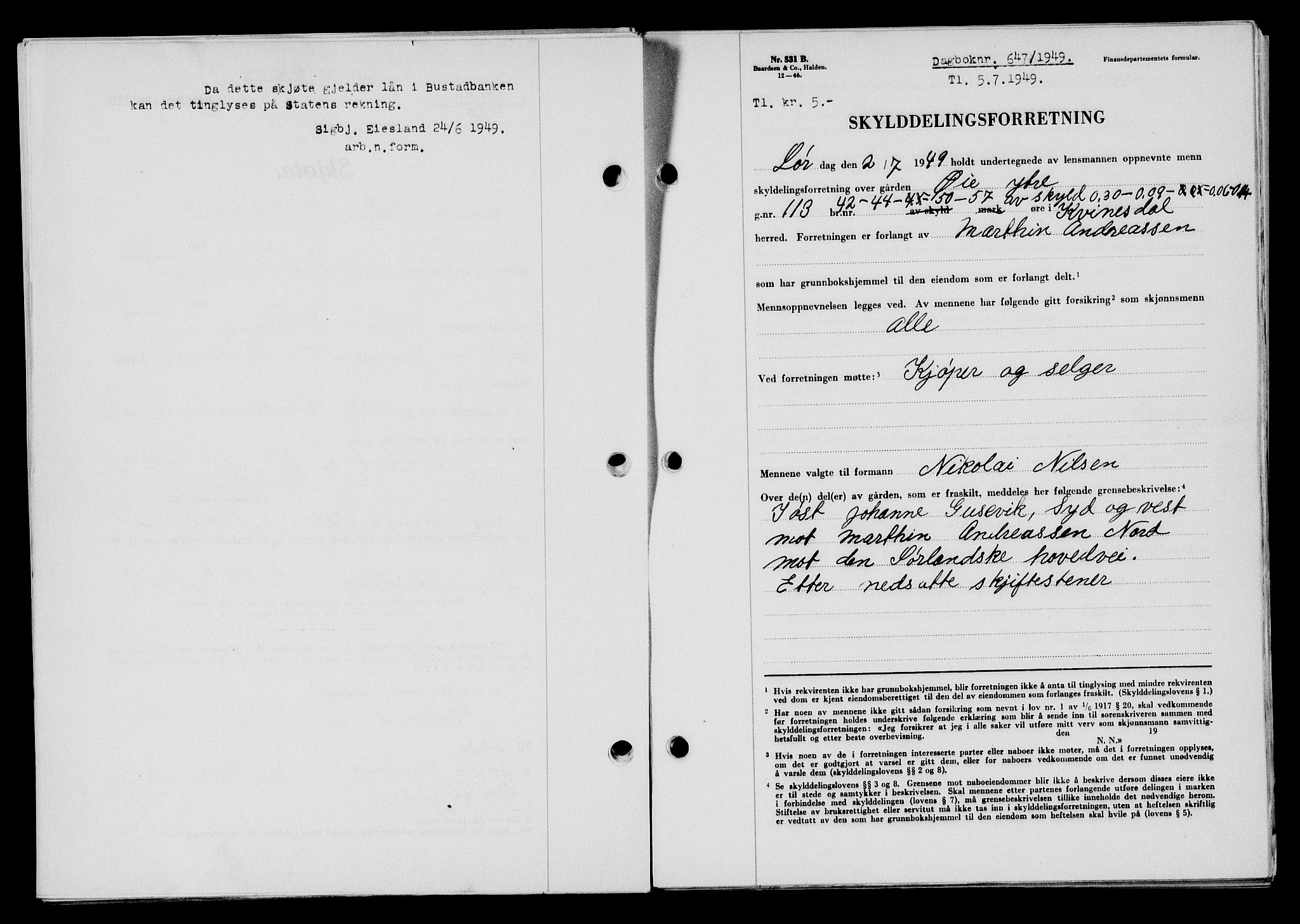 Flekkefjord sorenskriveri, SAK/1221-0001/G/Gb/Gba/L0065: Mortgage book no. A-13, 1949-1949, Diary no: : 647/1949