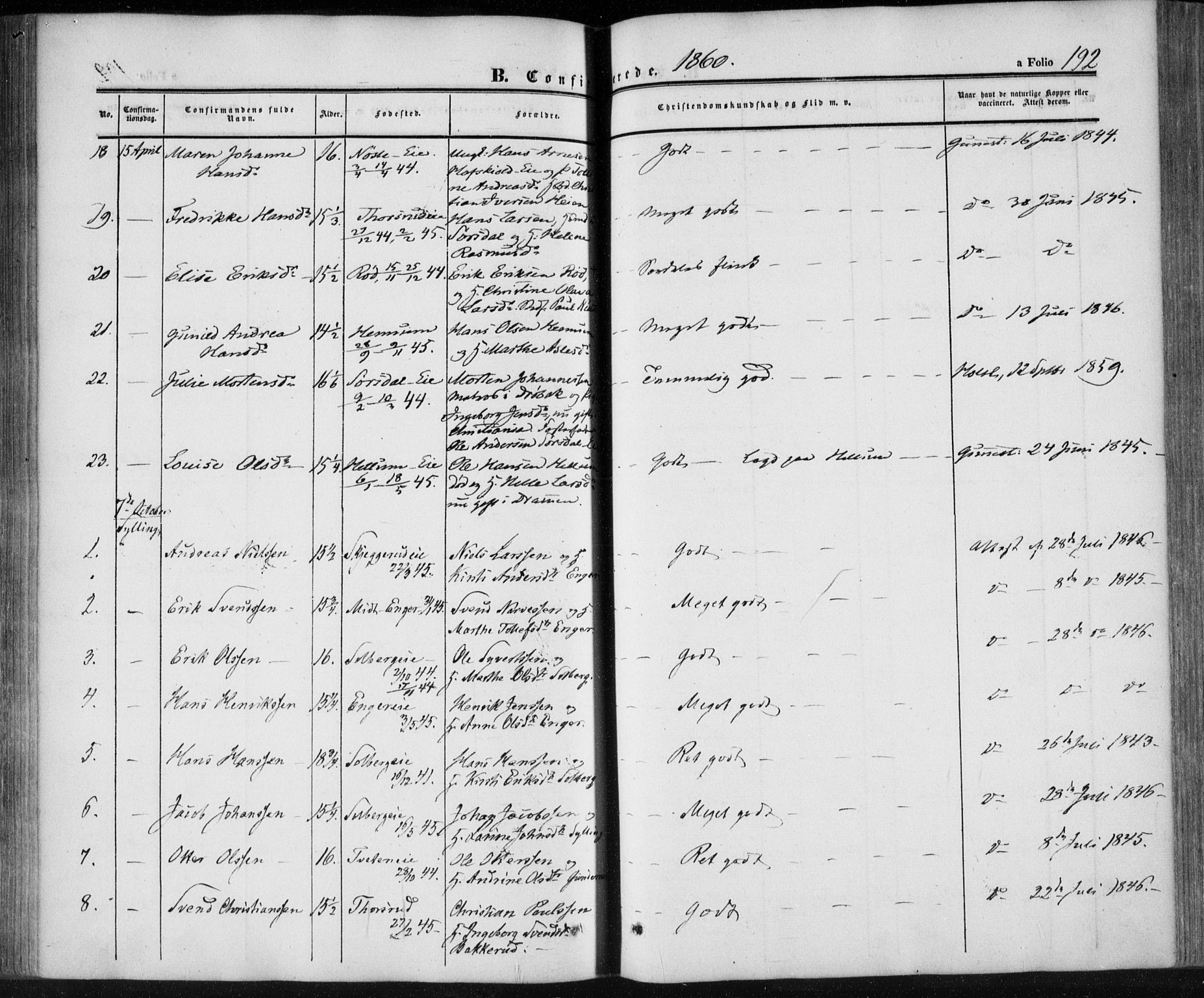 Lier kirkebøker, SAKO/A-230/F/Fa/L0012: Parish register (official) no. I 12, 1854-1864, p. 192