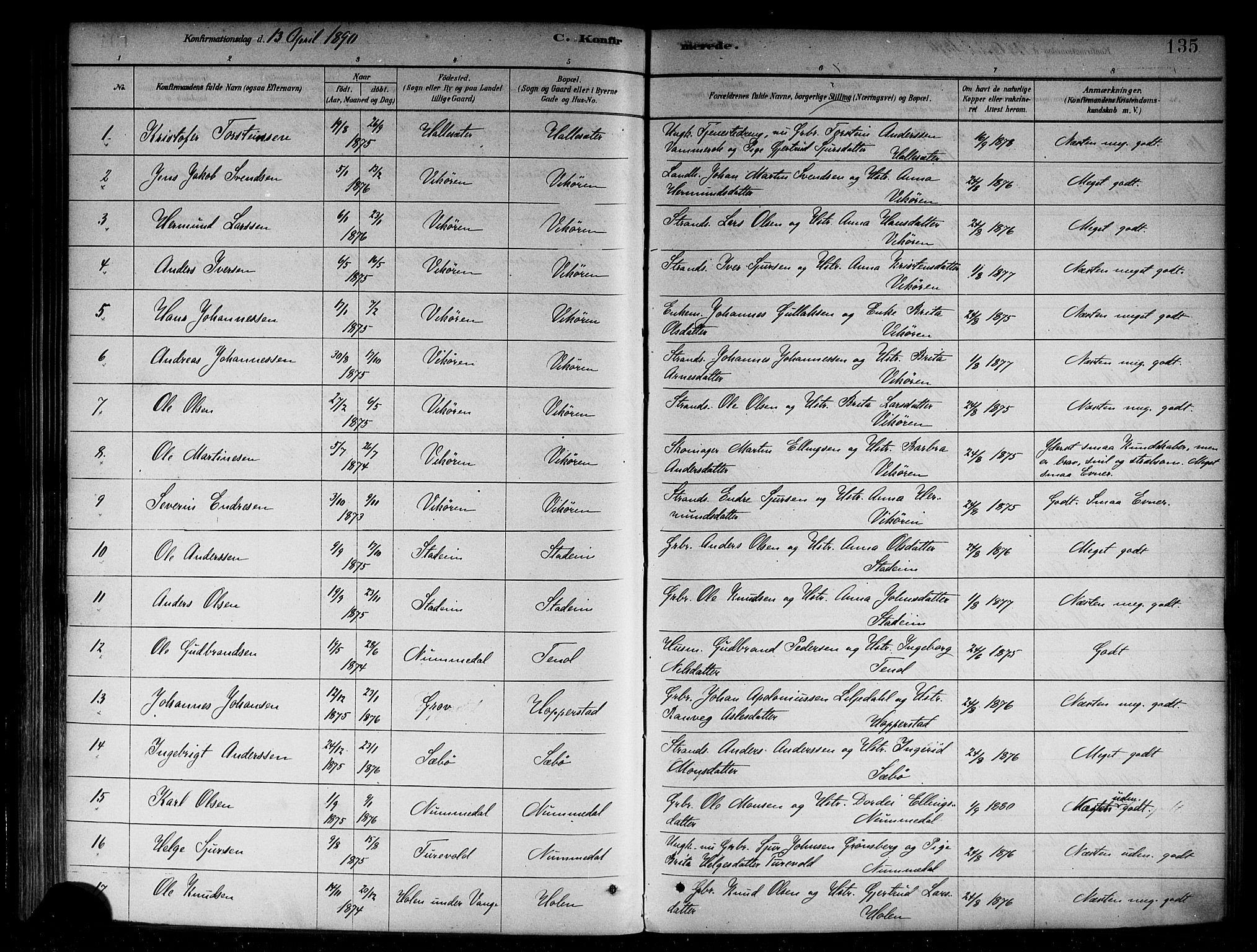 Vik sokneprestembete, SAB/A-81501: Parish register (official) no. B 1, 1878-1890, p. 135